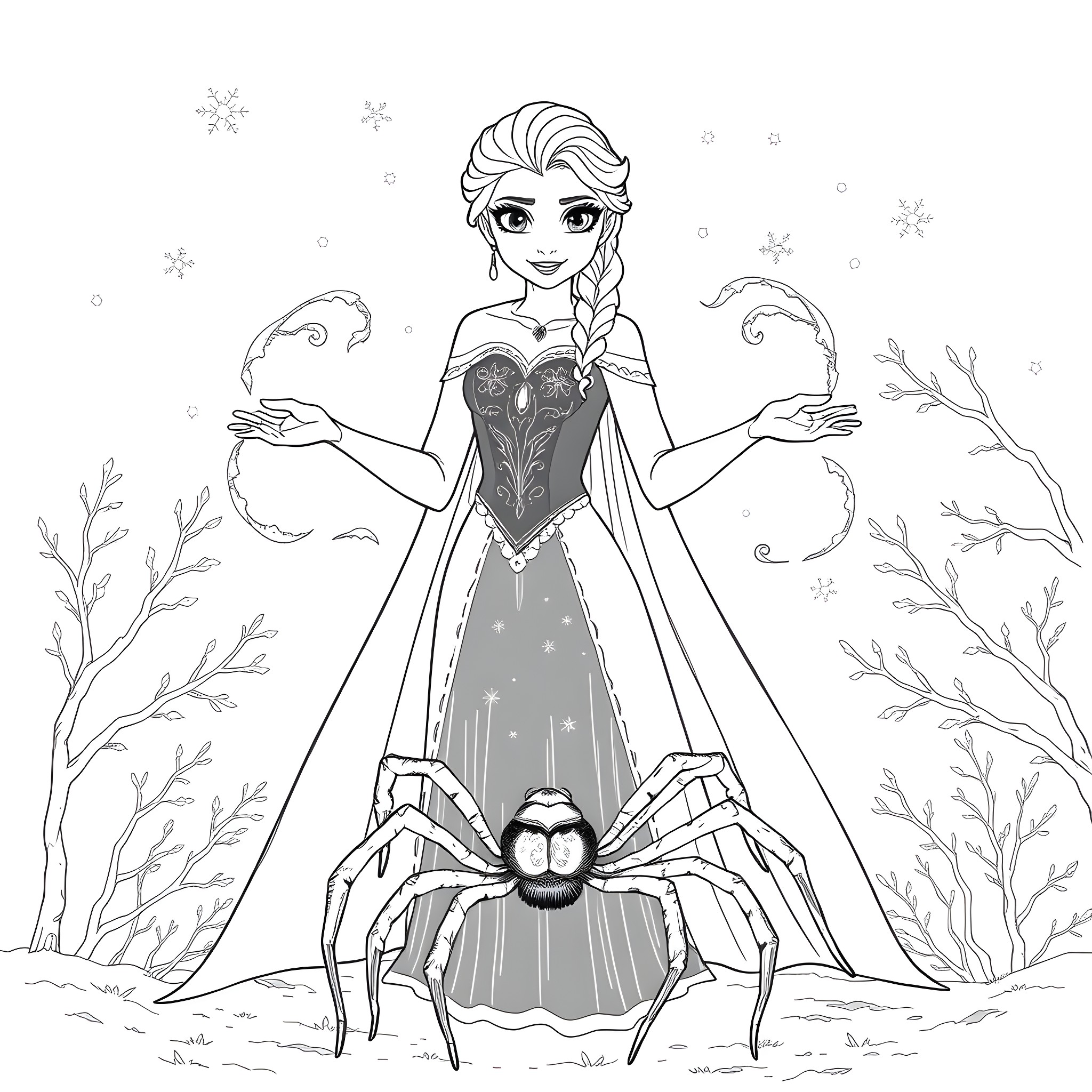 Elsa's Snow Adventure with Friendly Spider Coloring Page (free black-and-white line drawing printable PDF for all, from beginners to advanced learners, including children, teens, adults, and seniors)