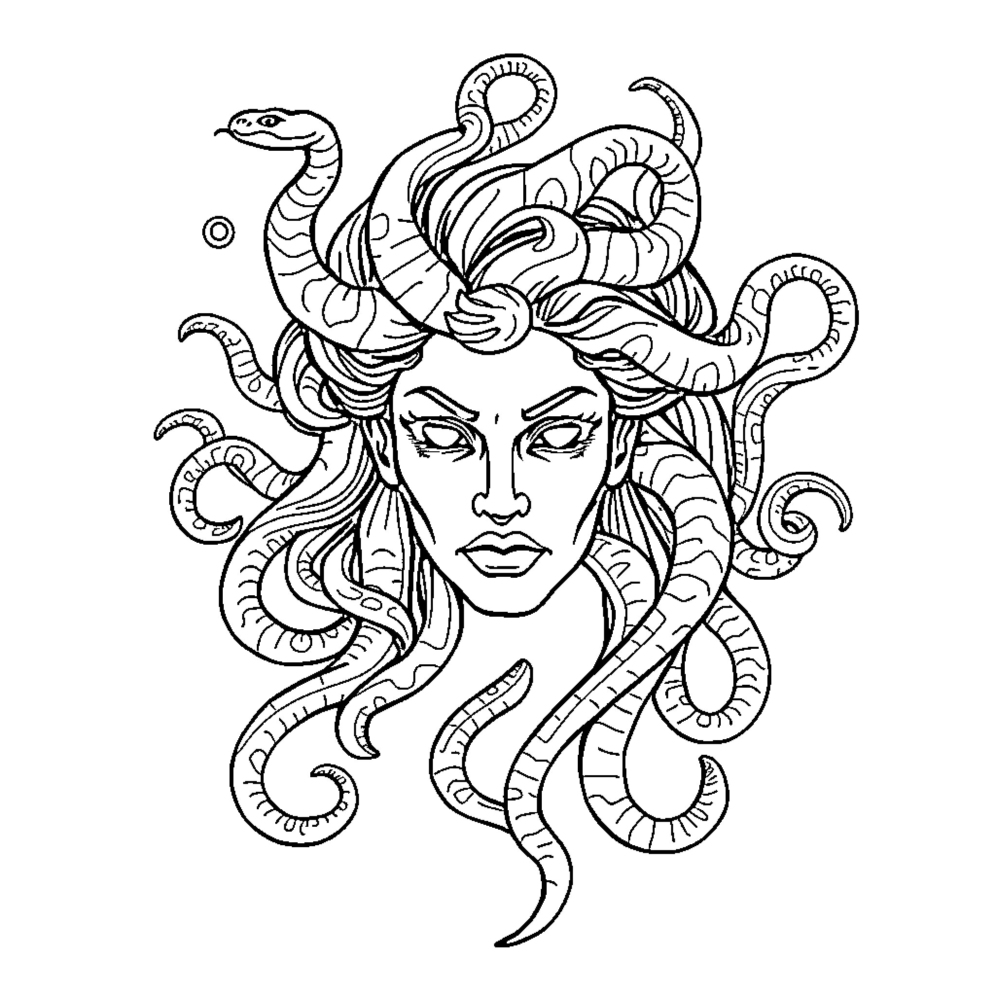 Medusa, the Mythological Gorgon's Captivating Portrayal Coloring Page (free black-and-white line drawing printable PDF for all, from beginners to advanced learners, including children, teens, adults, and seniors)