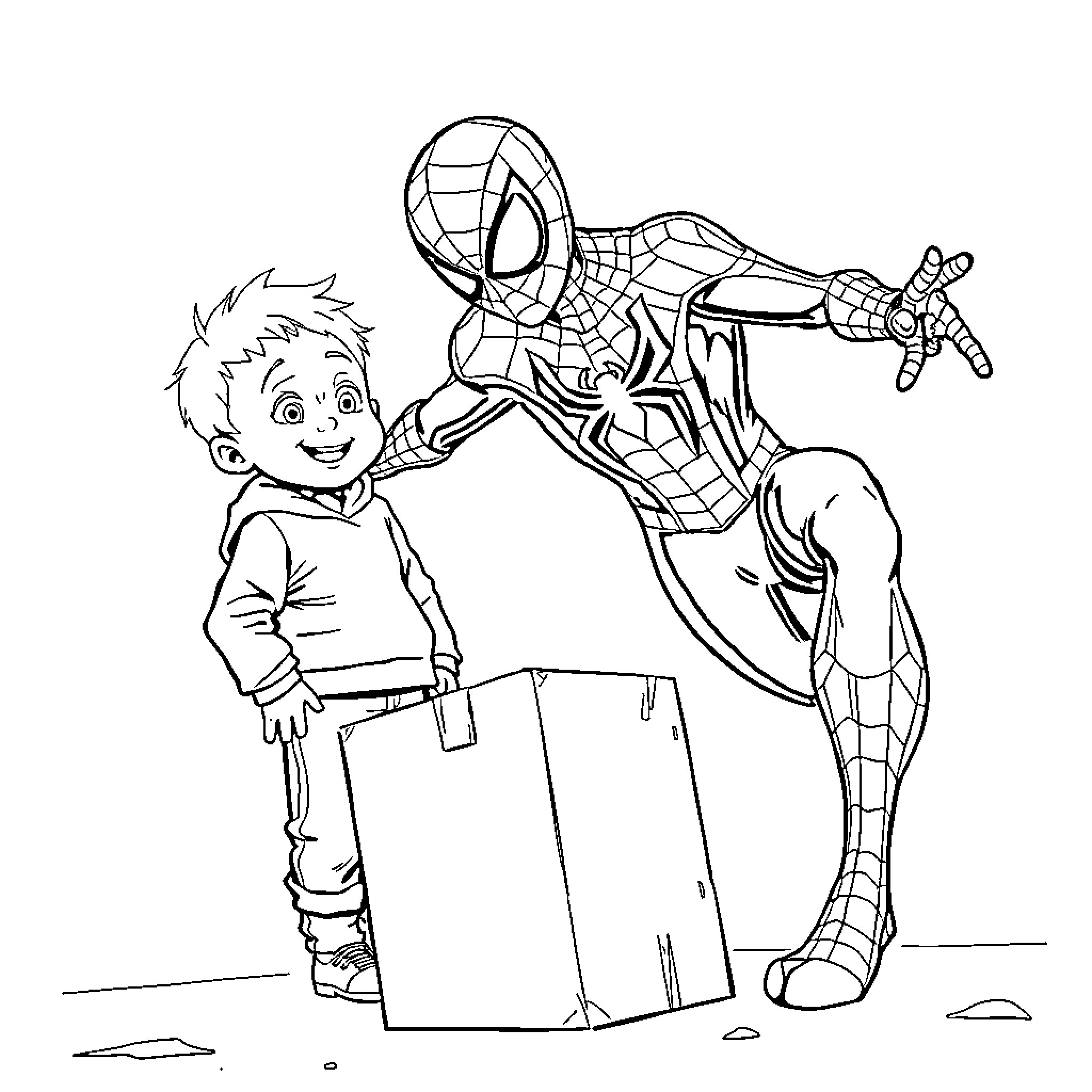 Spiderman helping a young boy with his backpack Coloring Page (free black-and-white line drawing printable PDF for all, from beginners to advanced learners, including children, teens, adults, and seniors)