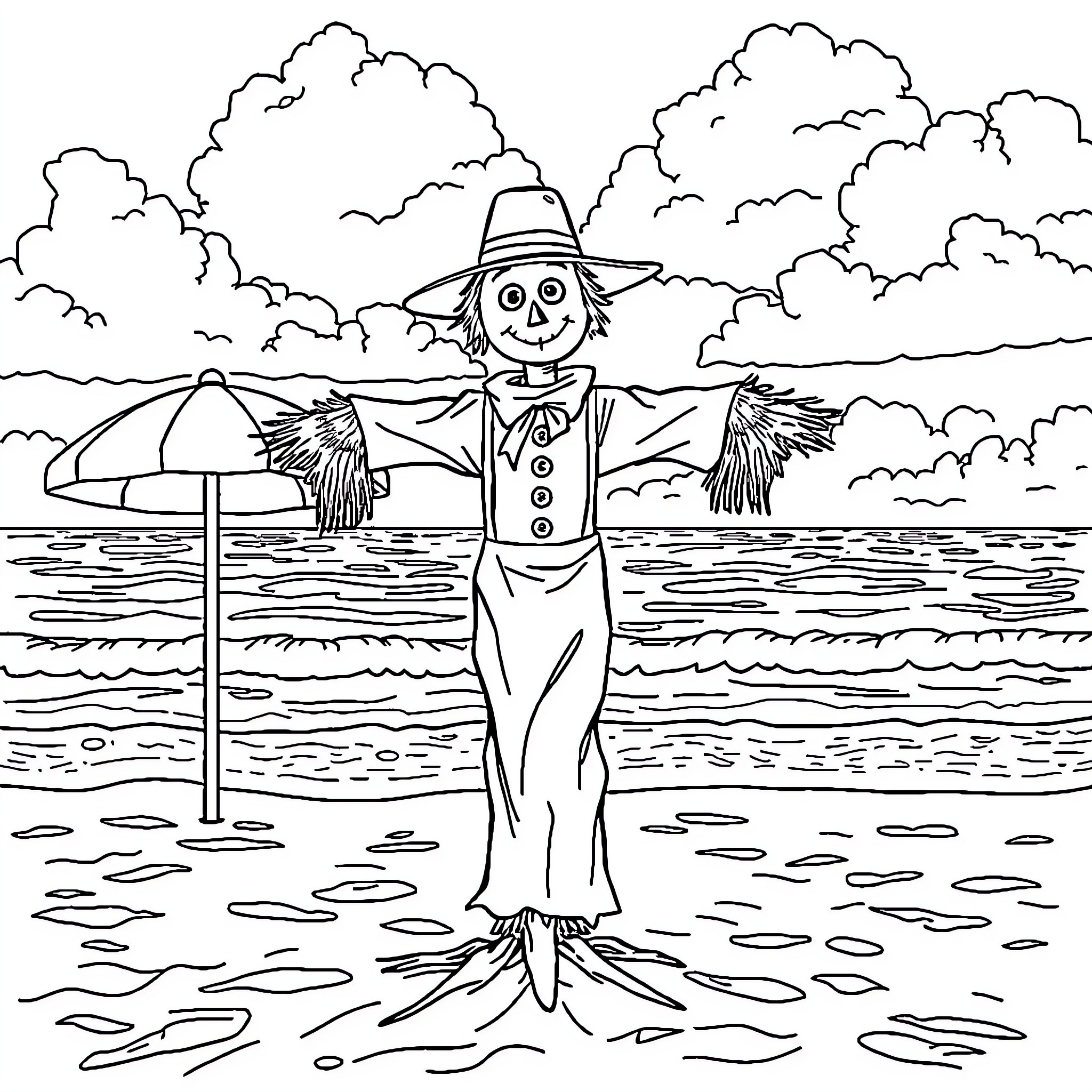 Scarecrow standing on the beach with umbrella Coloring Page (free black-and-white line drawing printable PDF for all, from beginners to advanced learners, including children, teens, adults, and seniors)