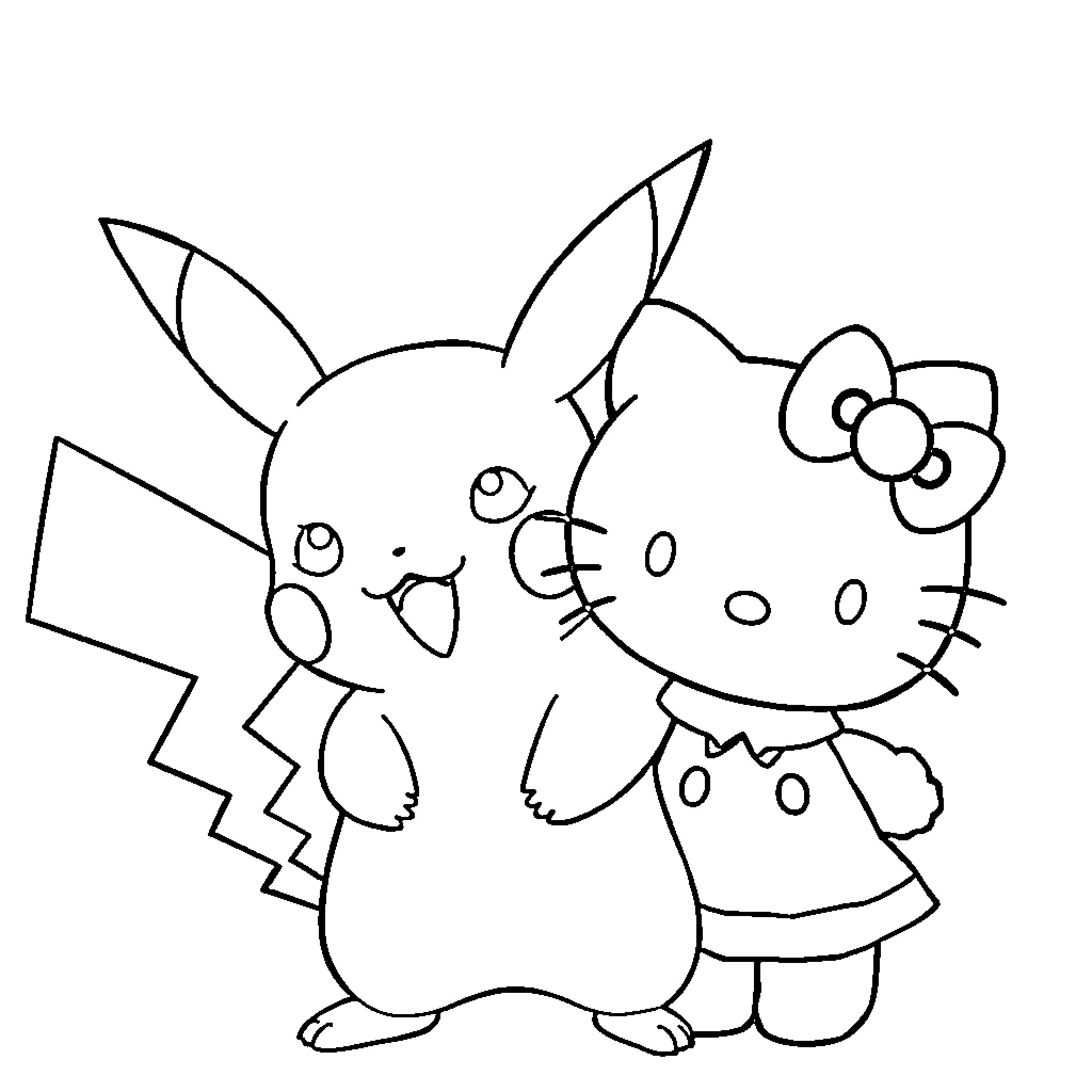 Pikachu and Hello Kitty playing together Coloring Page (free black-and-white line drawing printable PDF for all, from beginners to advanced learners, including children, teens, adults, and seniors)