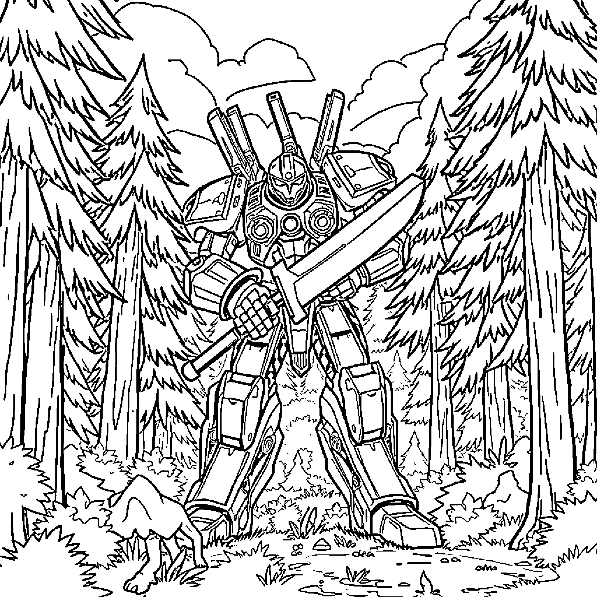 Mortis - Towering Mech Stands Amidst Forest Scenery Coloring Page (free black-and-white line drawing printable PDF for all, from beginners to advanced learners, including children, teens, adults, and seniors)