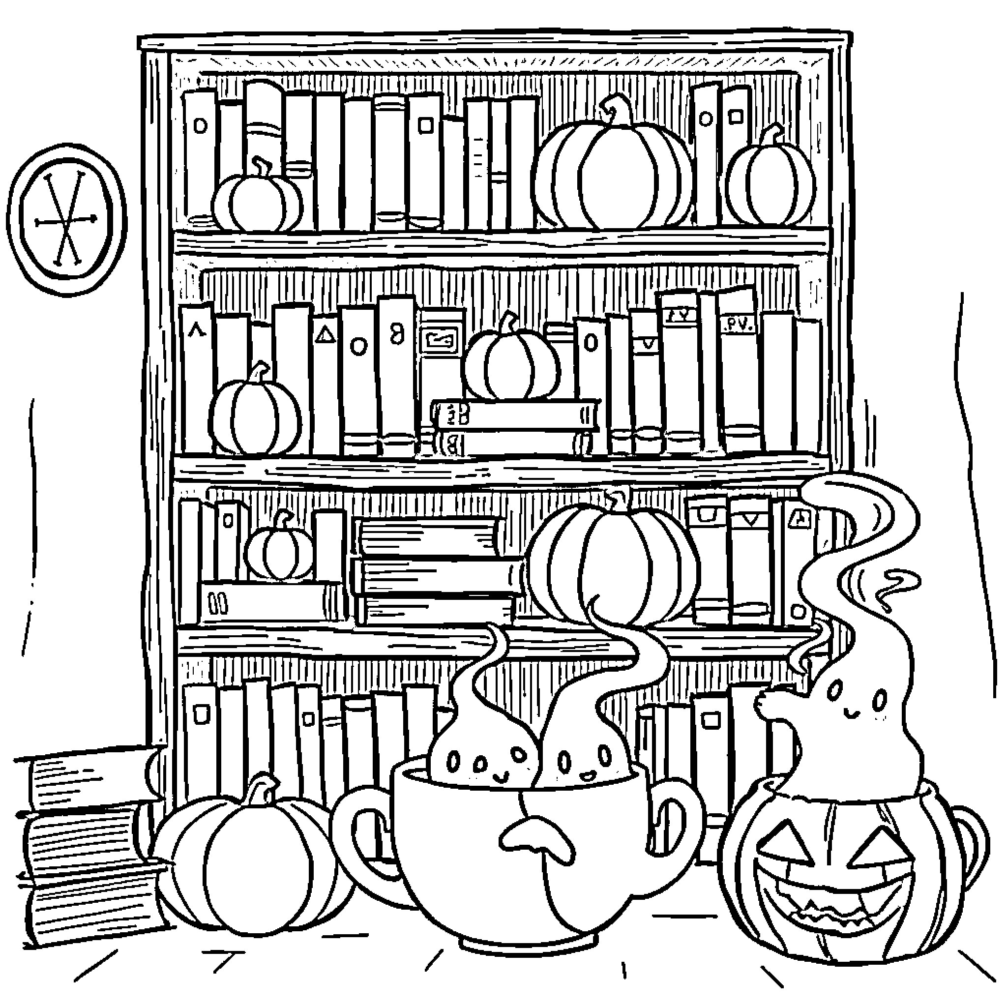 Pumpkin-Themed Bookshelf with Spooky Decor Coloring Page (free black-and-white line drawing printable PDF for all, from beginners to advanced learners, including children, teens, adults, and seniors)