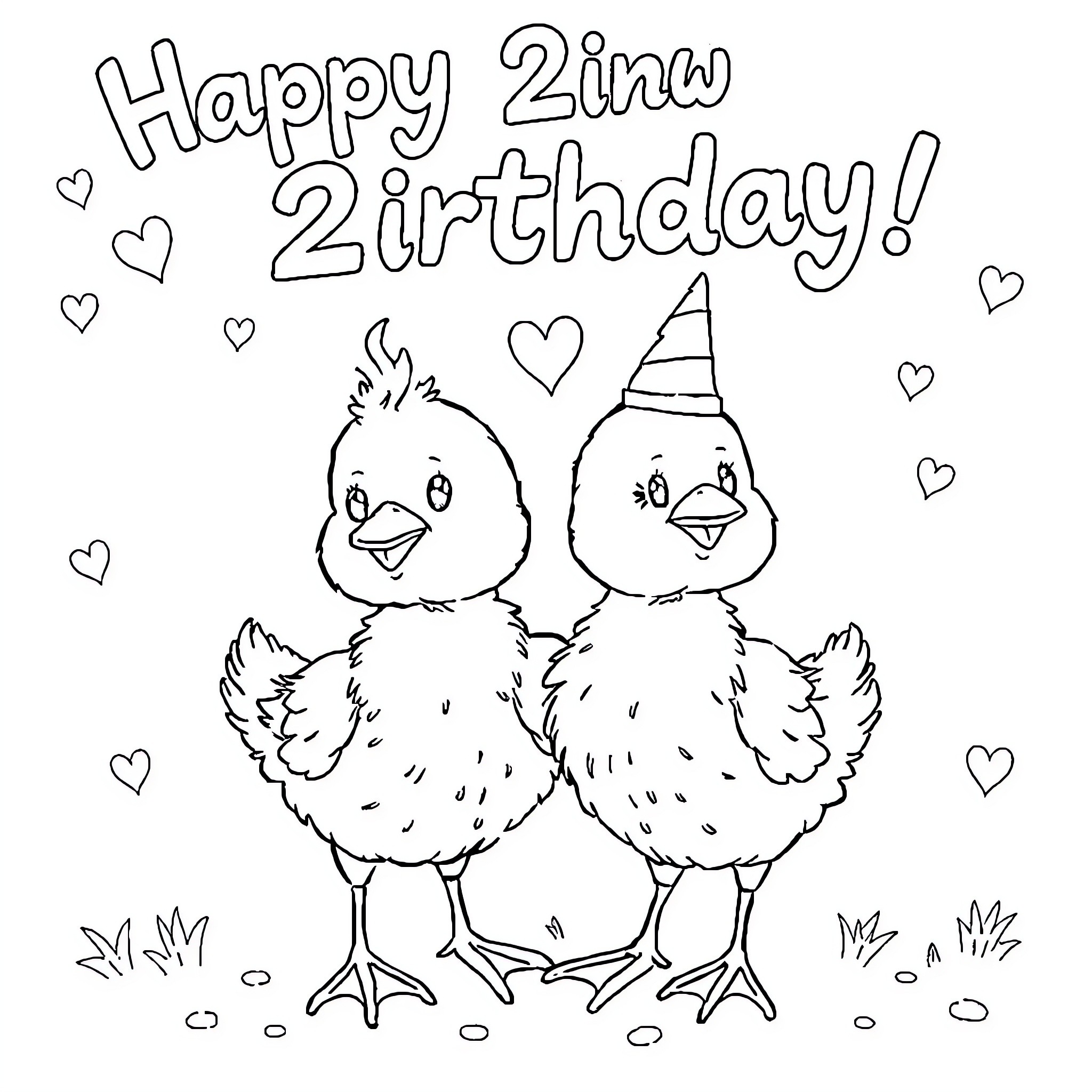 Hen chicks celebrating a birthday together Coloring Page (free black-and-white line drawing printable PDF for all, from beginners to advanced learners, including children, teens, adults, and seniors)