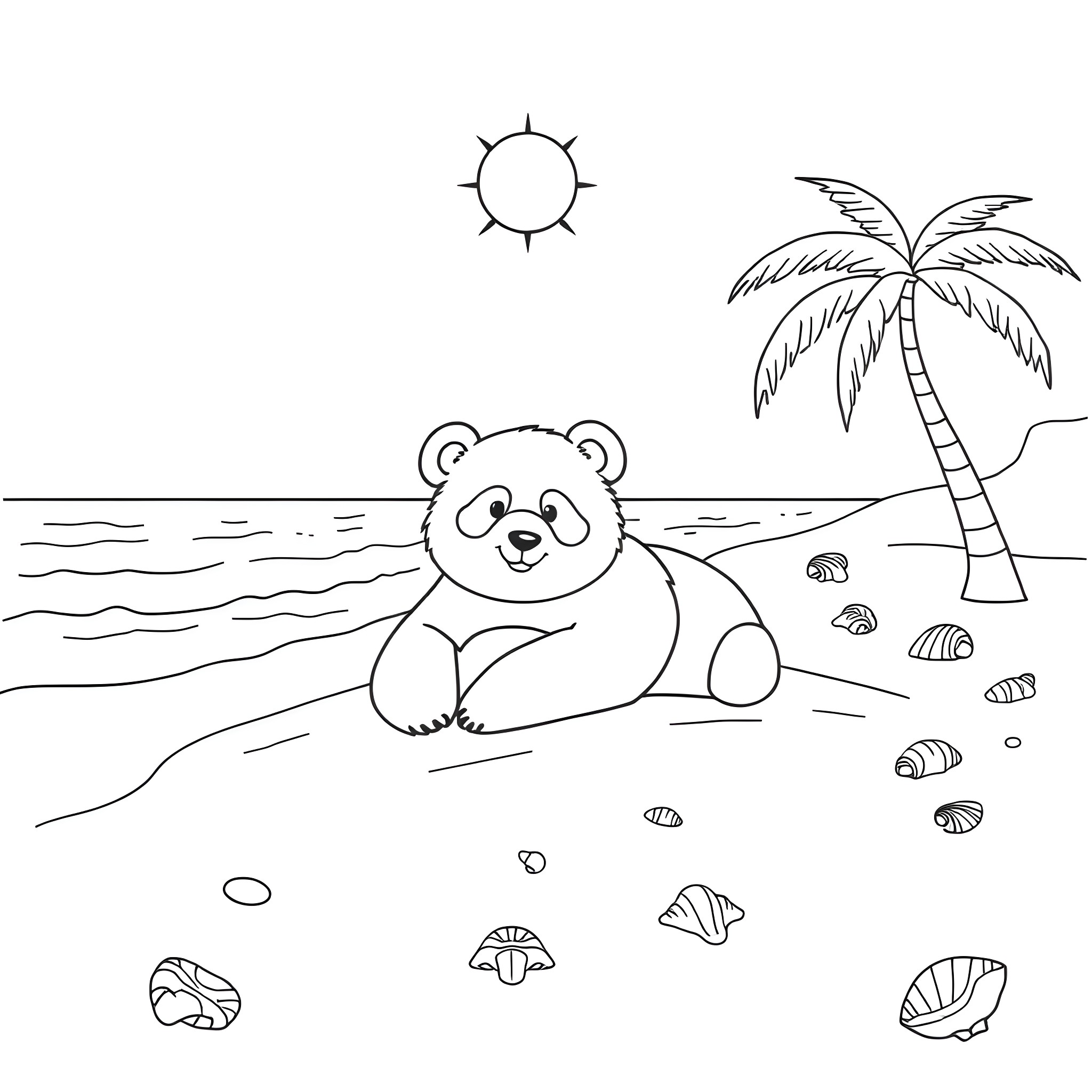 Panda enjoying a sunny day at the beach Coloring Page (free black-and-white line drawing printable PDF for all, from beginners to advanced learners, including children, teens, adults, and seniors)