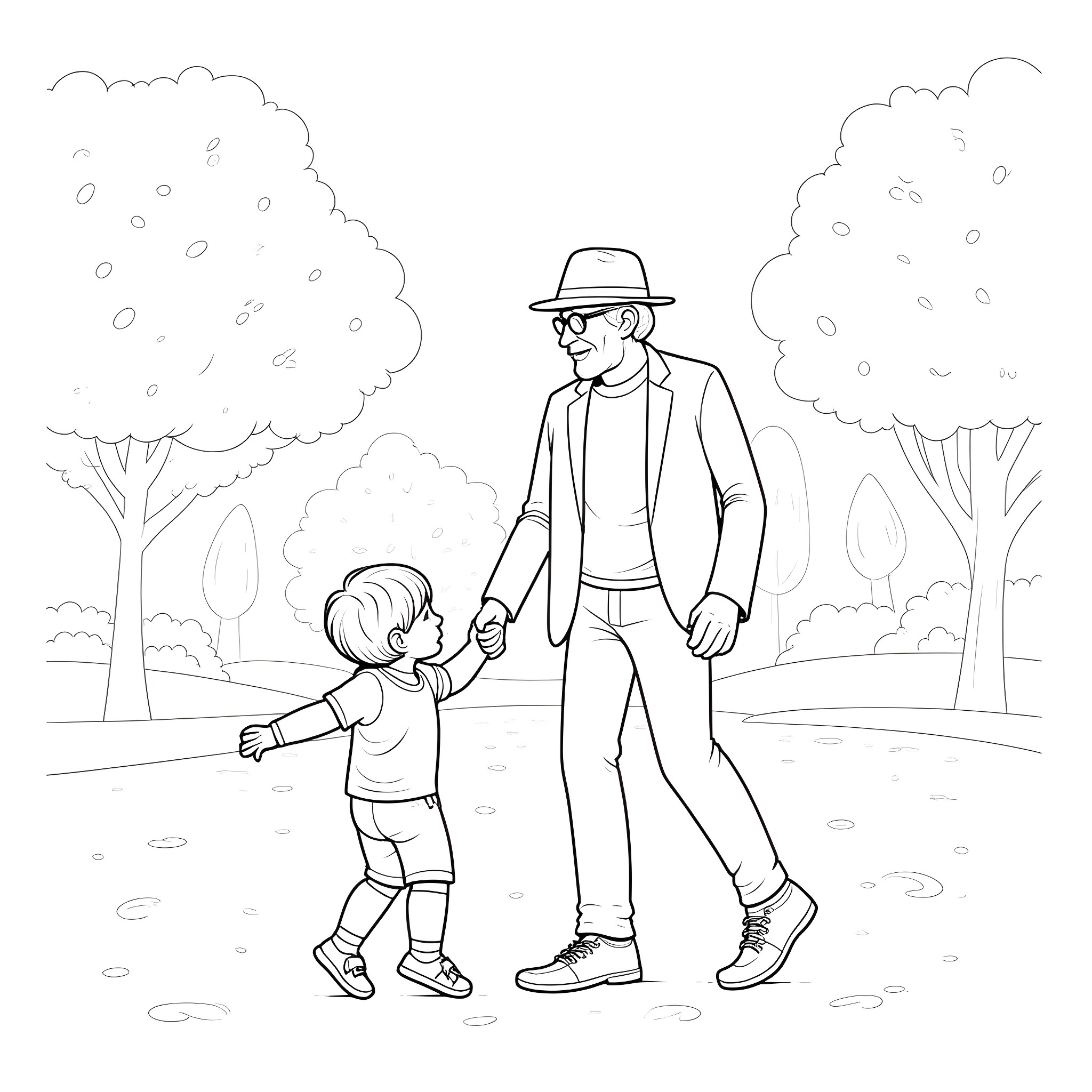 Grandfather and grandson enjoying outdoor activities Coloring Page (free black-and-white line drawing printable PDF for all, from beginners to advanced learners, including children, teens, adults, and seniors)
