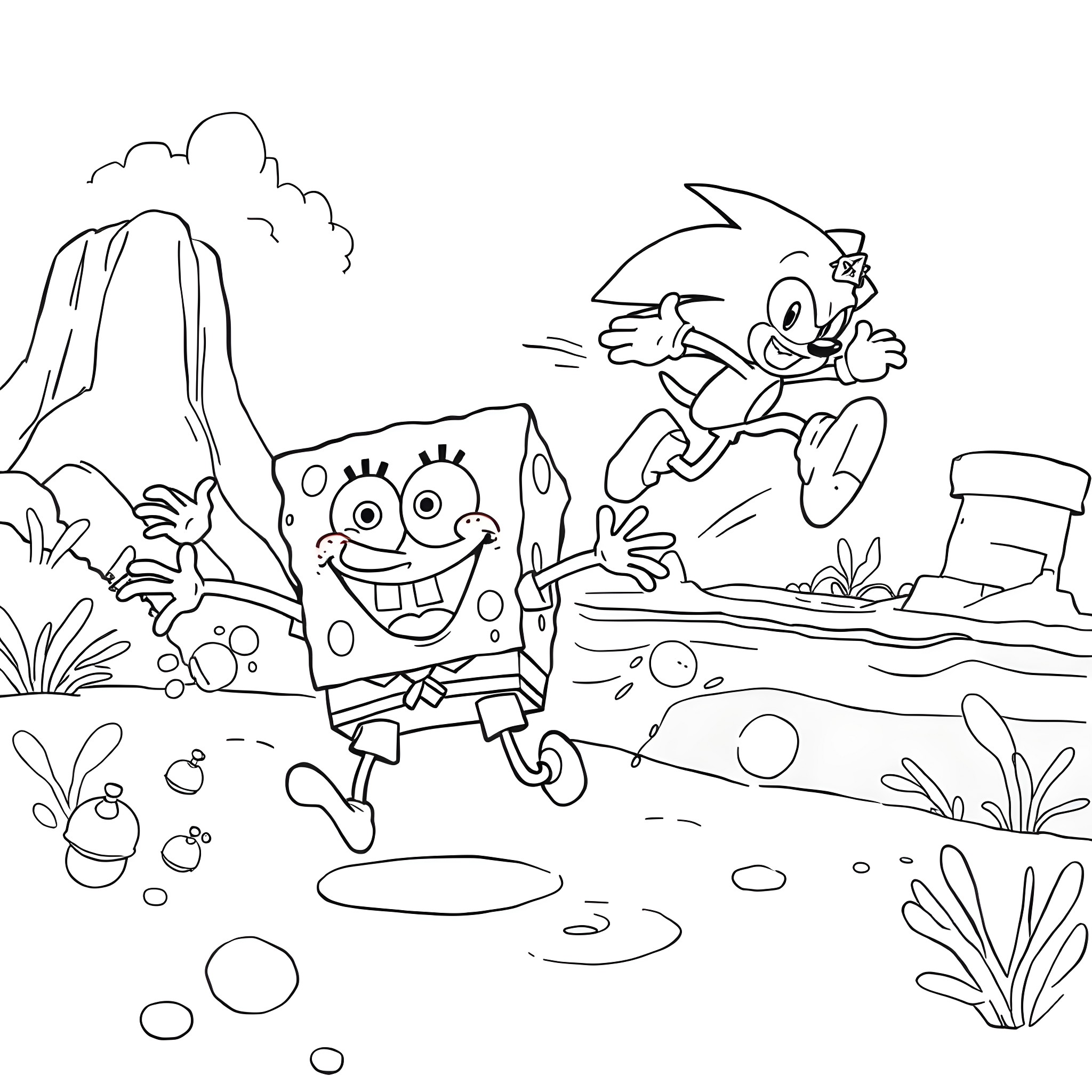 Character having fun in a whimsical outdoor scene Coloring Page (free black-and-white line drawing printable PDF for all, from beginners to advanced learners, including children, teens, adults, and seniors)