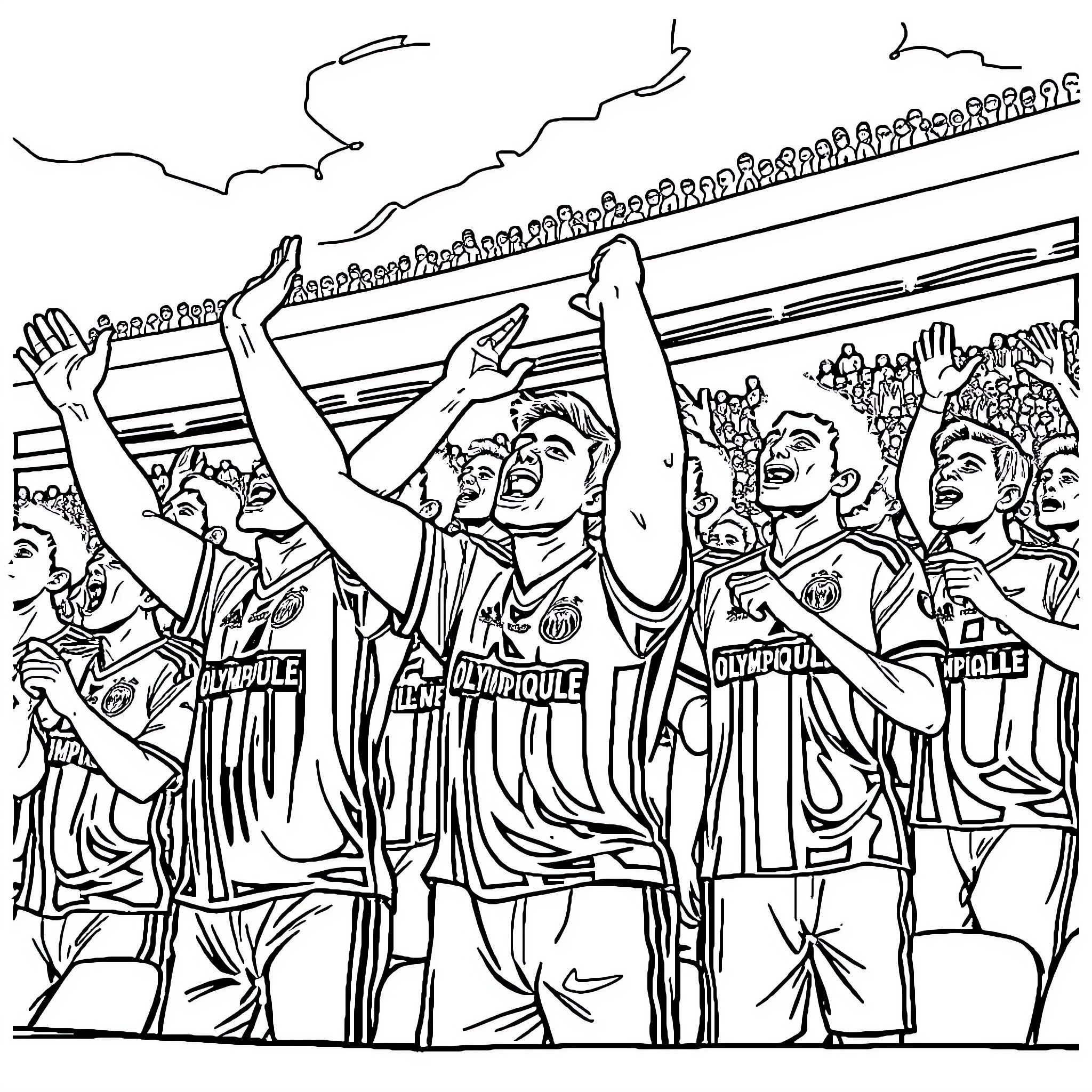 Fan excitement and celebration at a sporting event Coloring Page (free black-and-white line drawing printable PDF for all, from beginners to advanced learners, including children, teens, adults, and seniors)
