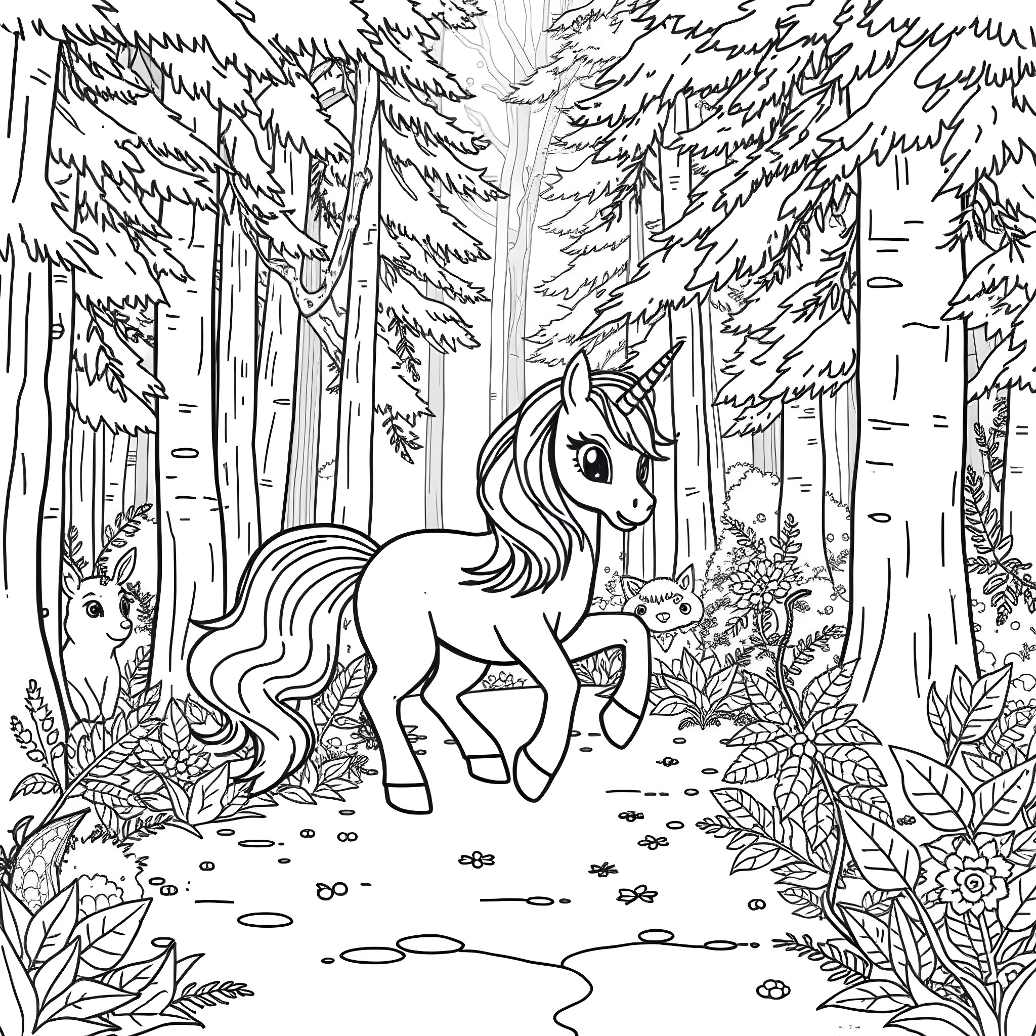 Unicorn exploring the enchanted forest Coloring Page (free black-and-white line drawing printable PDF for all, from beginners to advanced learners, including children, teens, adults, and seniors)