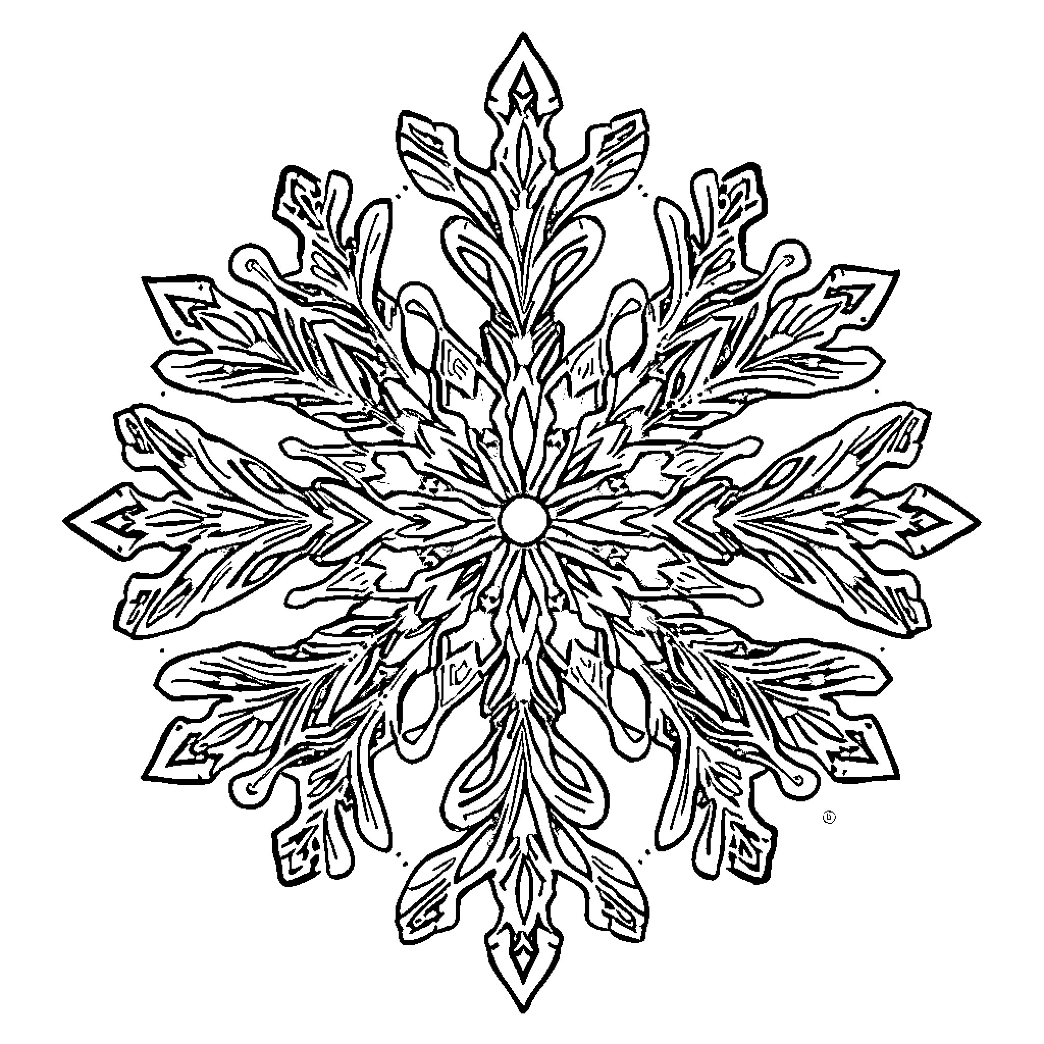 Snowflake with intricate crystalline patterns Coloring Page (free black-and-white line drawing printable PDF for all, from beginners to advanced learners, including children, teens, adults, and seniors)