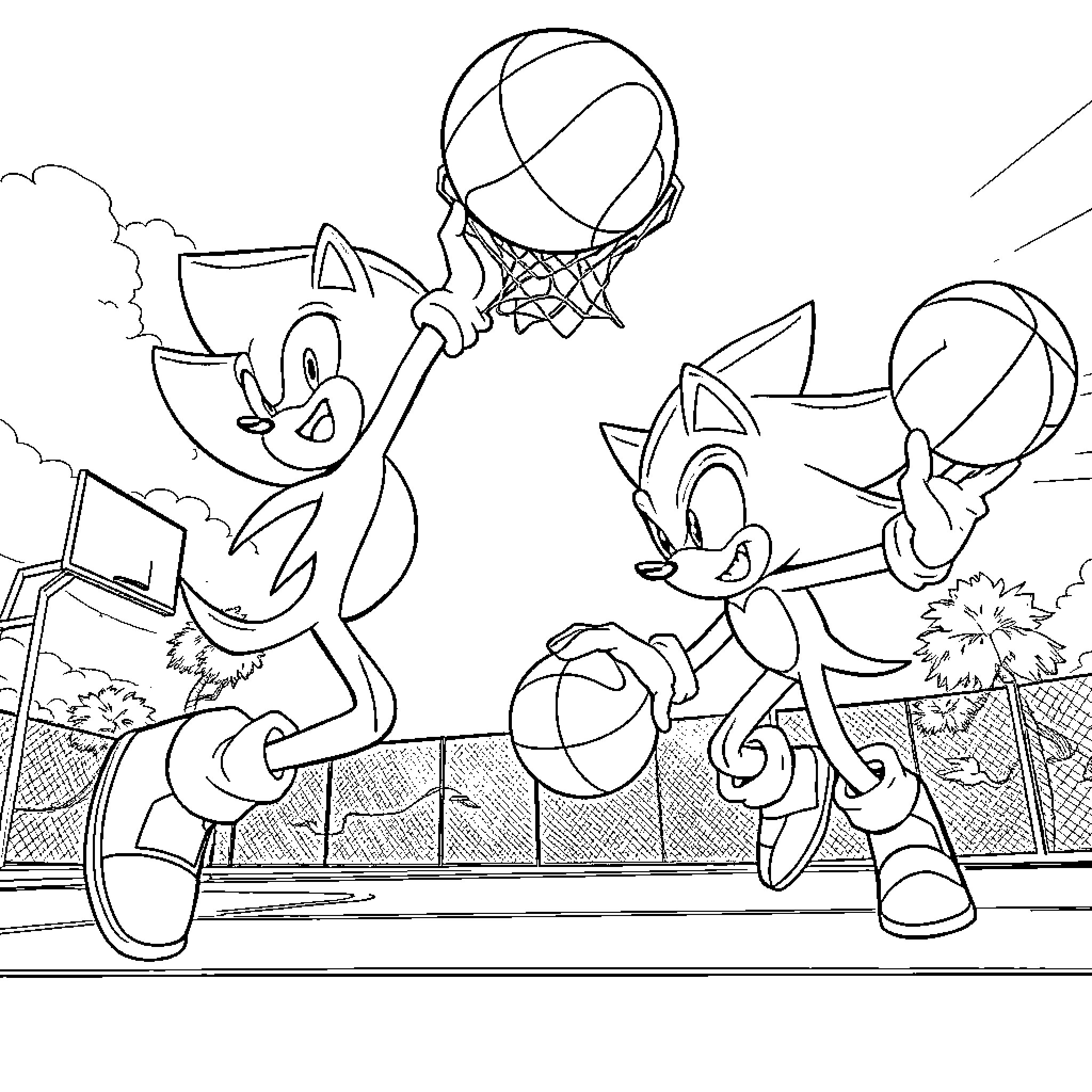 Hedgehog characters playing basketball on court Coloring Page (free black-and-white line drawing printable PDF for all, from beginners to advanced learners, including children, teens, adults, and seniors)
