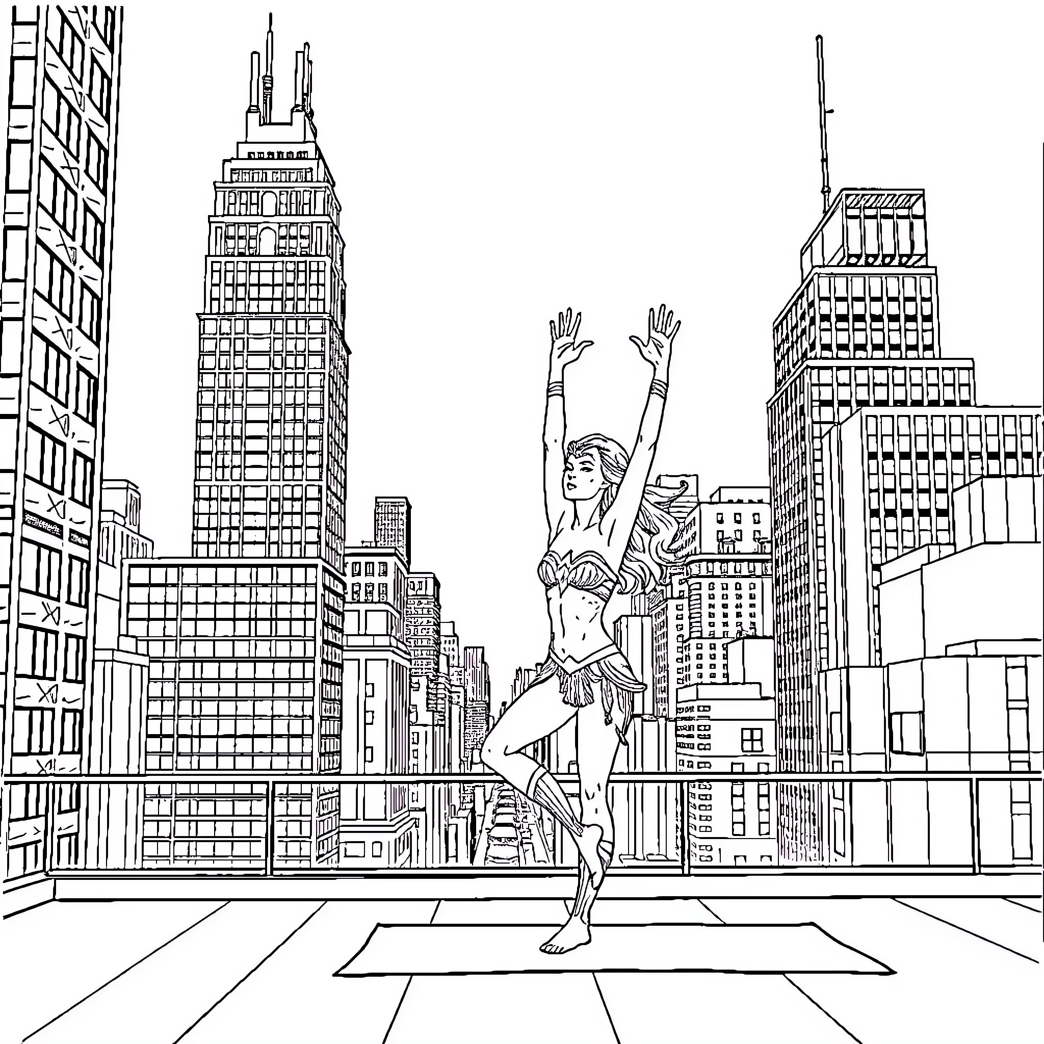 Wonder Woman heroically stands in the city skyline Coloring Page (free black-and-white line drawing printable PDF for all, from beginners to advanced learners, including children, teens, adults, and seniors)