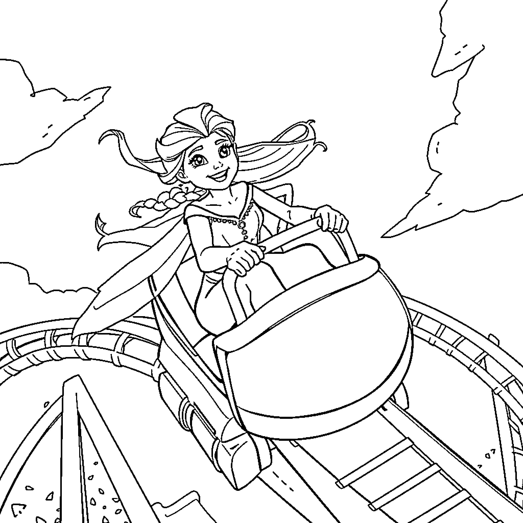 Elsa enjoying a thrilling roller coaster ride Coloring Page (free black-and-white line drawing printable PDF for all, from beginners to advanced learners, including children, teens, adults, and seniors)