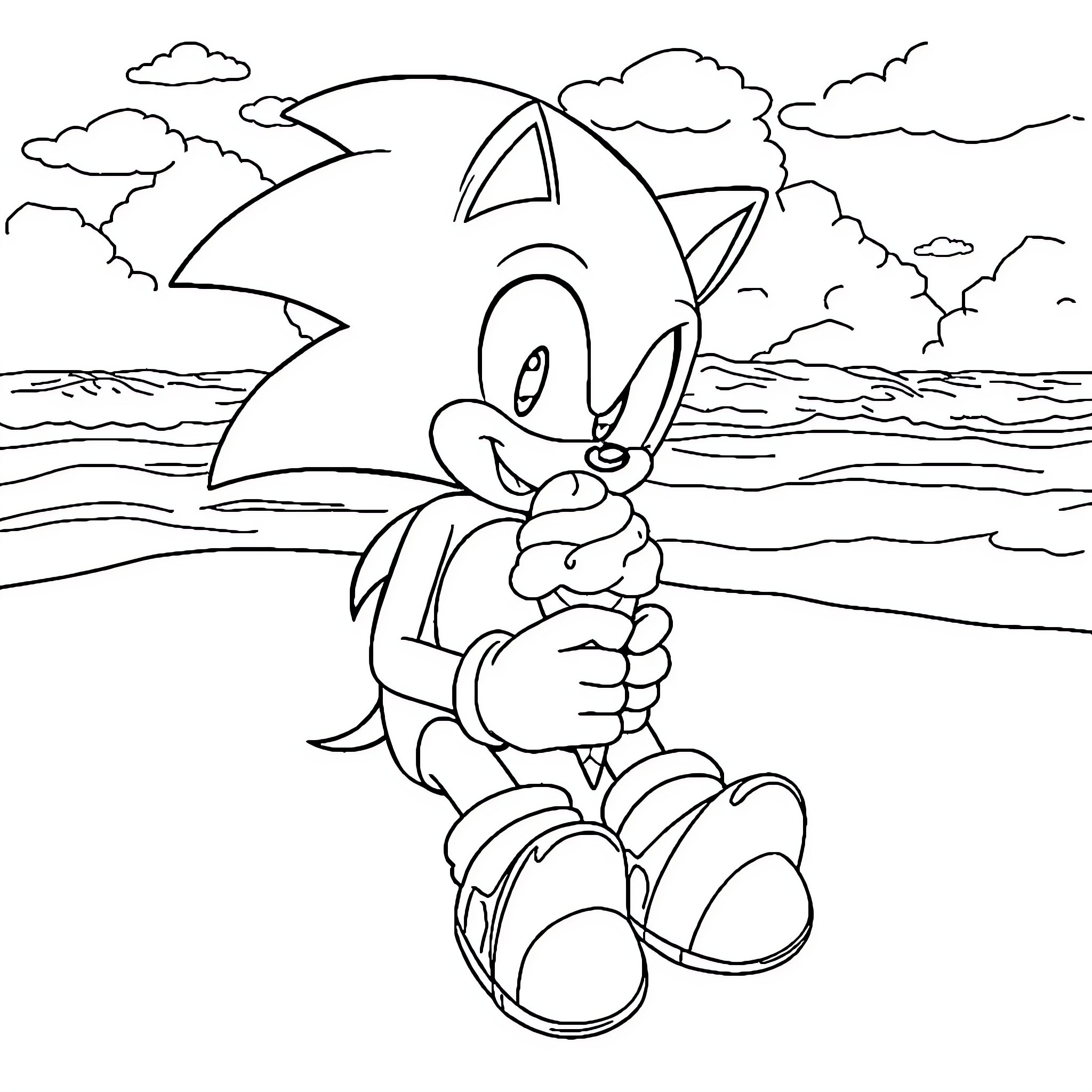 Sonic Enjoying a Scenic Ocean View Coloring Page (free black-and-white line drawing printable PDF for all, from beginners to advanced learners, including children, teens, adults, and seniors)