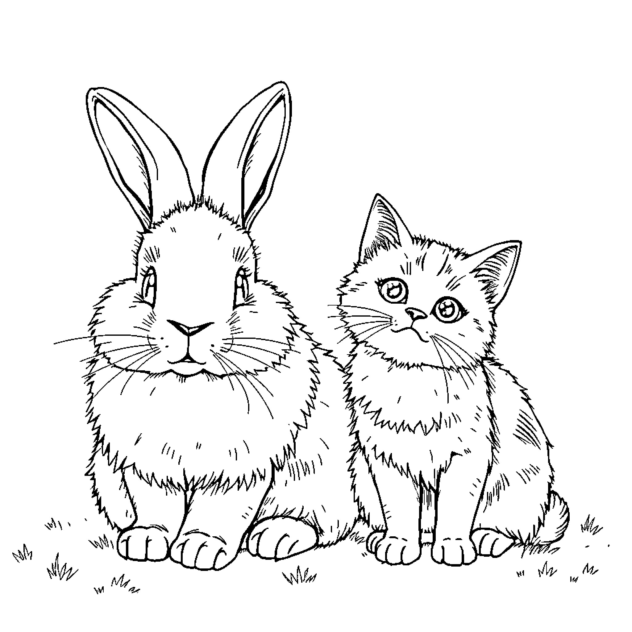Rabbit and Kitten Companions in Nature Coloring Page (free black-and-white line drawing printable PDF for all, from beginners to advanced learners, including children, teens, adults, and seniors)