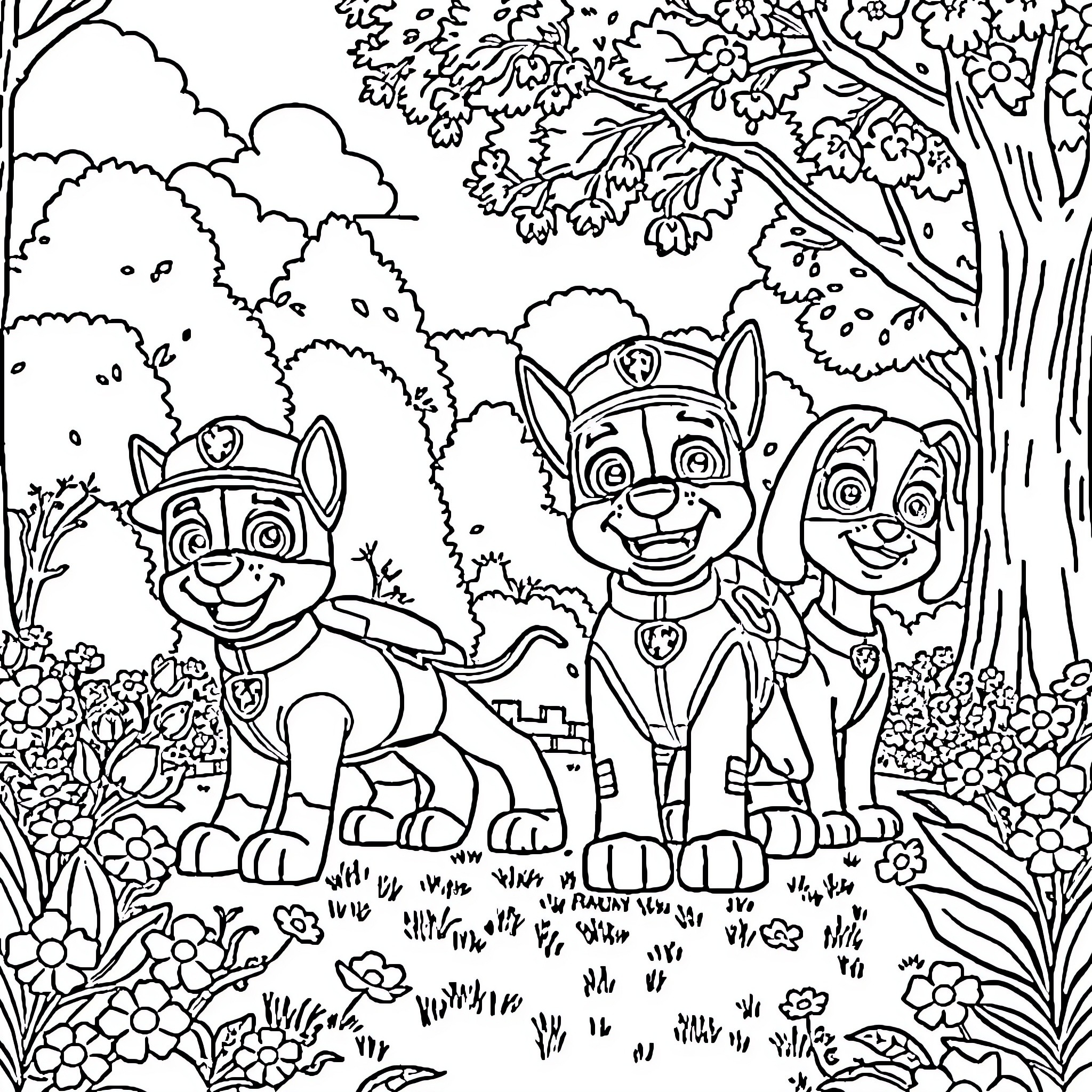 Paw Patrol characters in a forest adventure Coloring Page (free black-and-white line drawing printable PDF for all, from beginners to advanced learners, including children, teens, adults, and seniors)