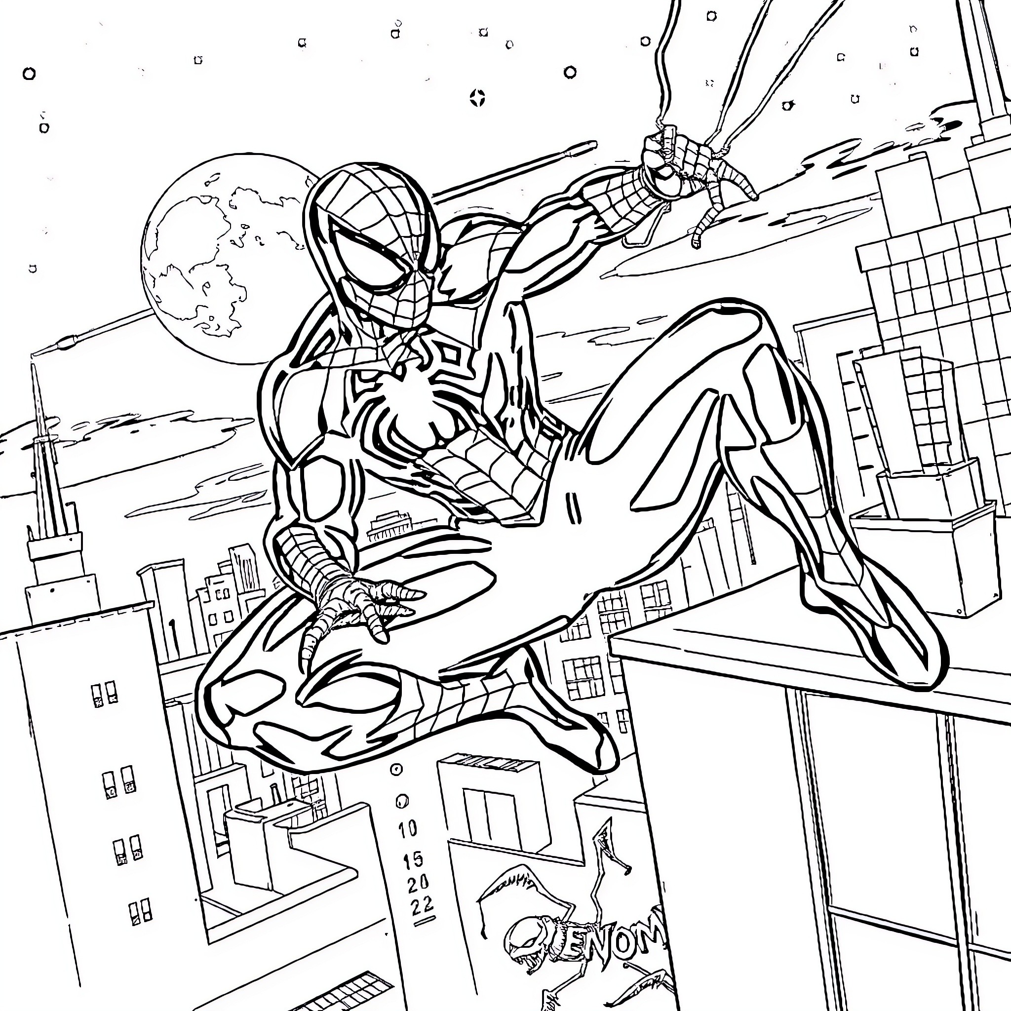 Spiderman swinging through the city at night Coloring Page (free black-and-white line drawing printable PDF for all, from beginners to advanced learners, including children, teens, adults, and seniors)