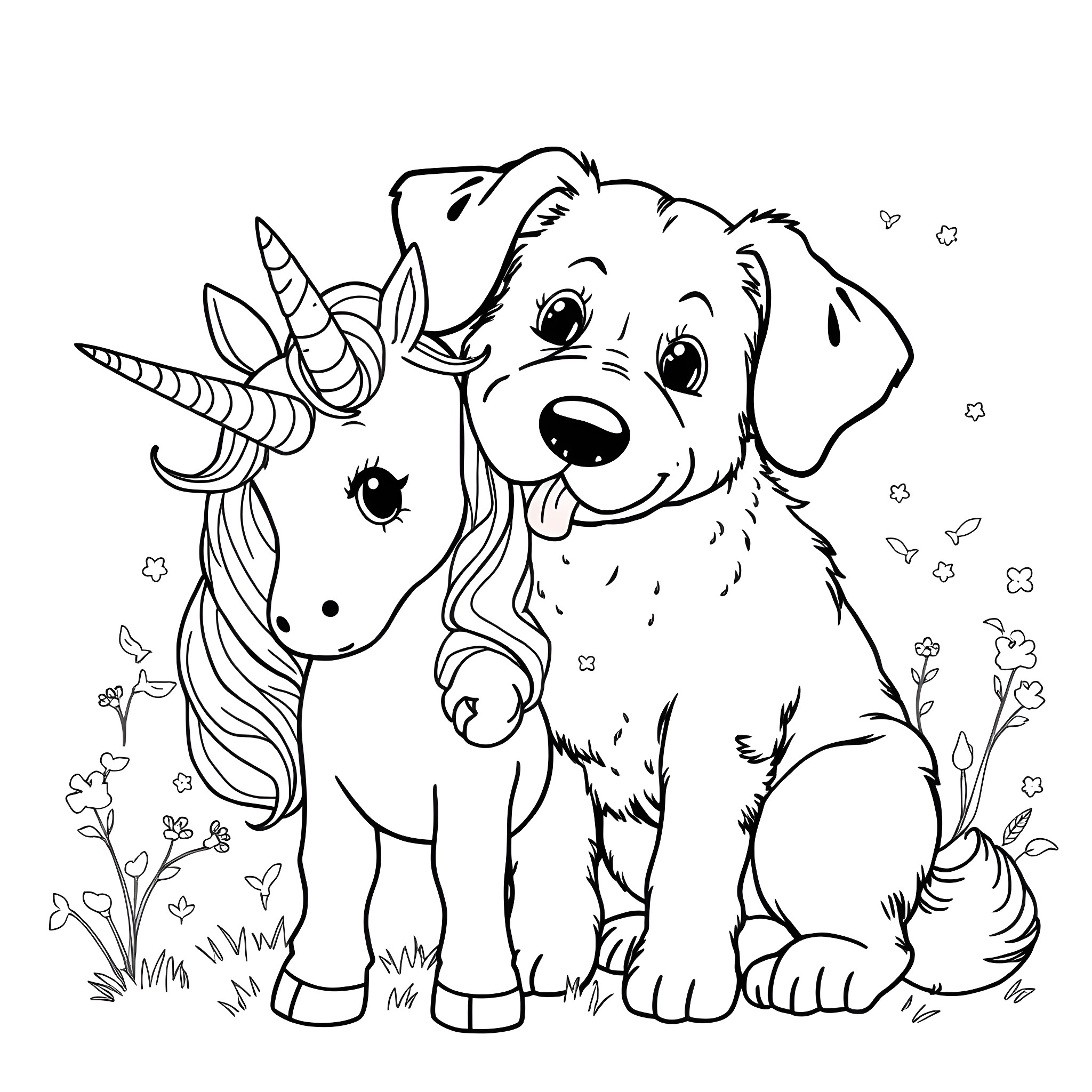 Dog snuggling with a unicorn in a magical field Coloring Page (free black-and-white line drawing printable PDF for all, from beginners to advanced learners, including children, teens, adults, and seniors)
