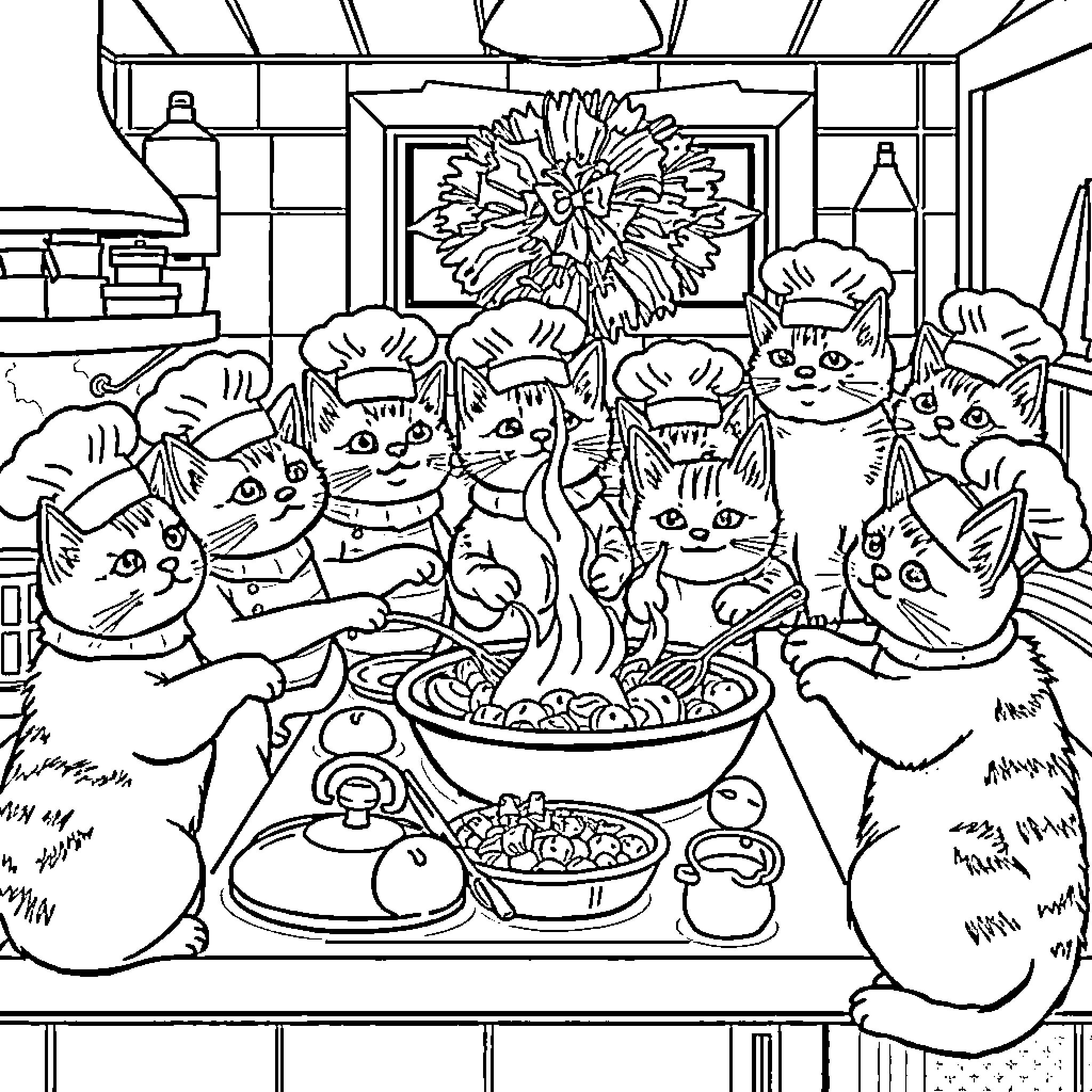 Cat family gathering for a meal Coloring Page (free black-and-white line drawing printable PDF for all, from beginners to advanced learners, including children, teens, adults, and seniors)