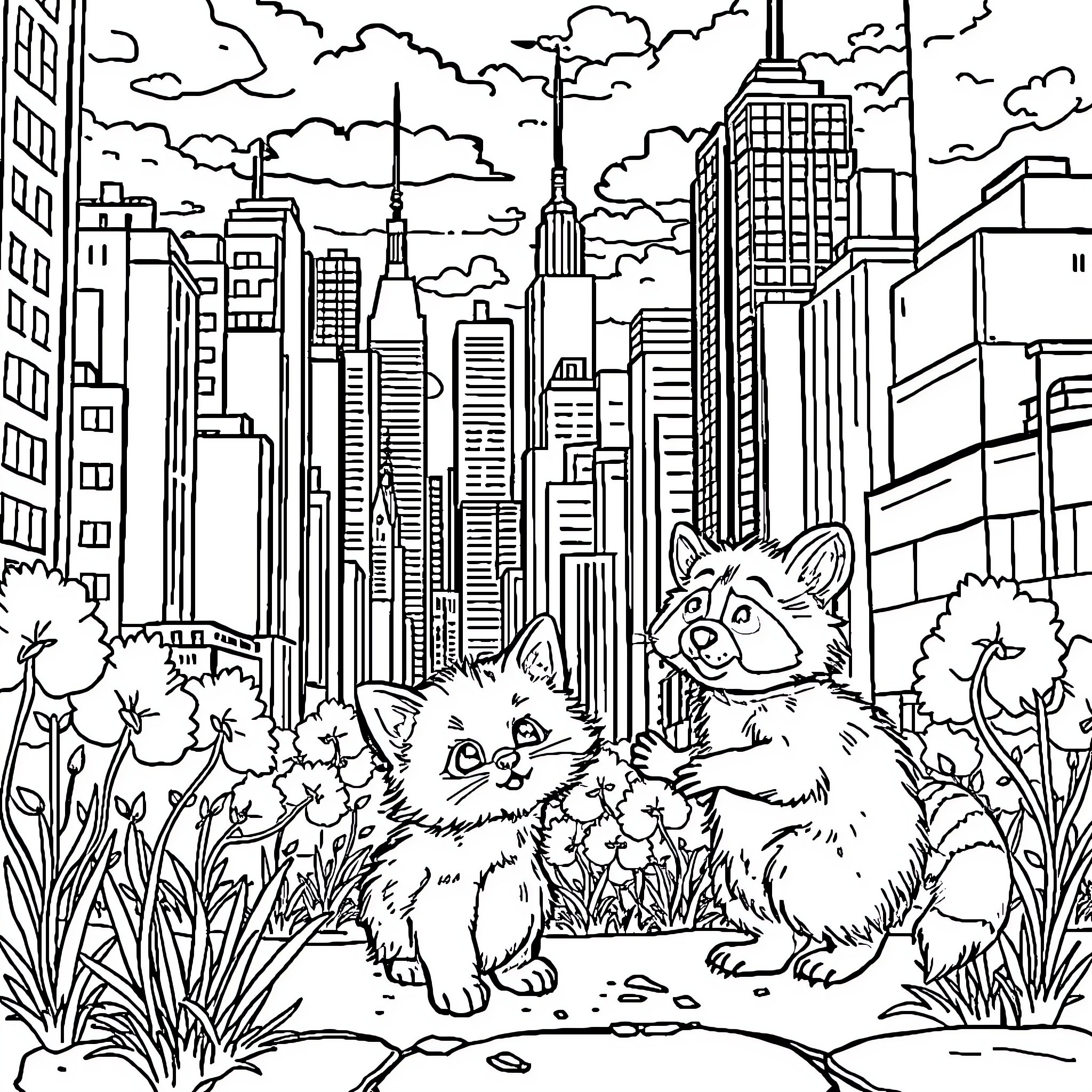 Cat Exploring the Urban Jungle Coloring Page (free black-and-white line drawing printable PDF for all, from beginners to advanced learners, including children, teens, adults, and seniors)