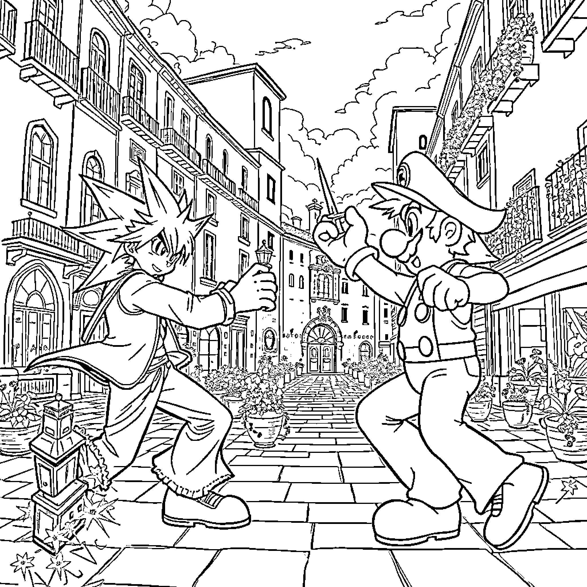 Yugi and his friend battling in the city streets Coloring Page (free black-and-white line drawing printable PDF for all, from beginners to advanced learners, including children, teens, adults, and seniors)