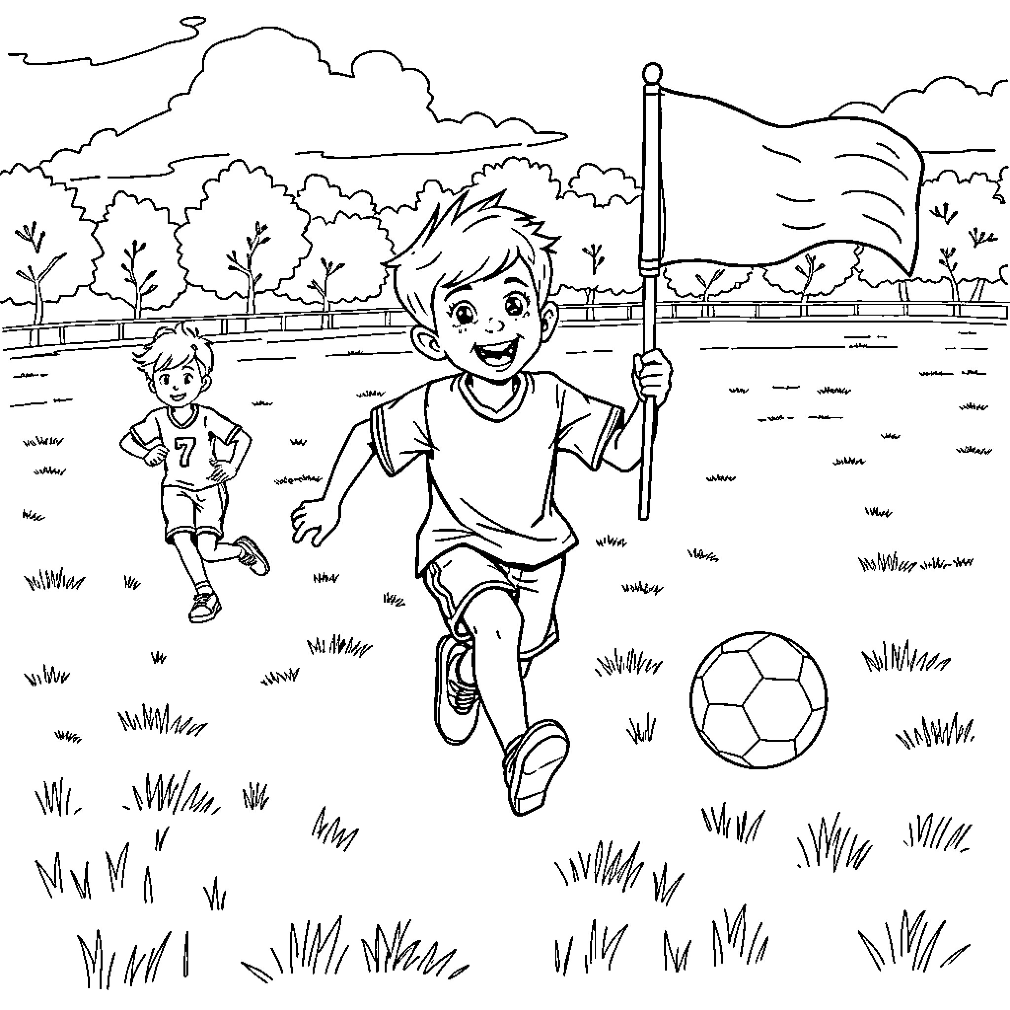 Boy playing soccer in park with flag Coloring Page (free black-and-white line drawing printable PDF for all, from beginners to advanced learners, including children, teens, adults, and seniors)