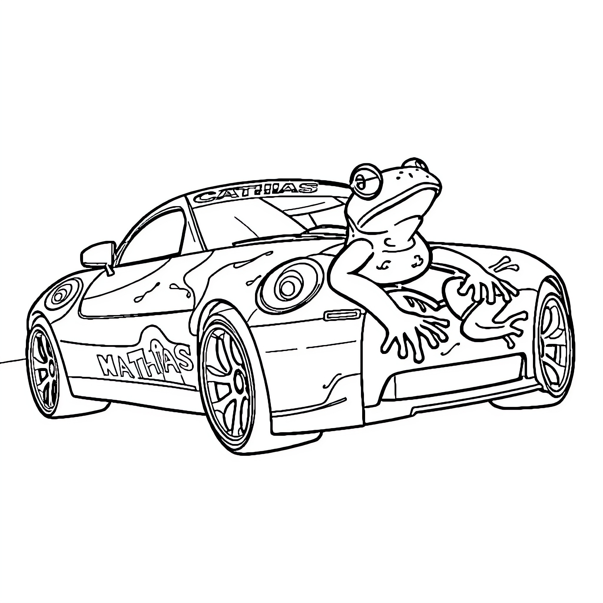 Car with Frog Riding on the Side Coloring Page (free black-and-white line drawing printable PDF for all, from beginners to advanced learners, including children, teens, adults, and seniors)
