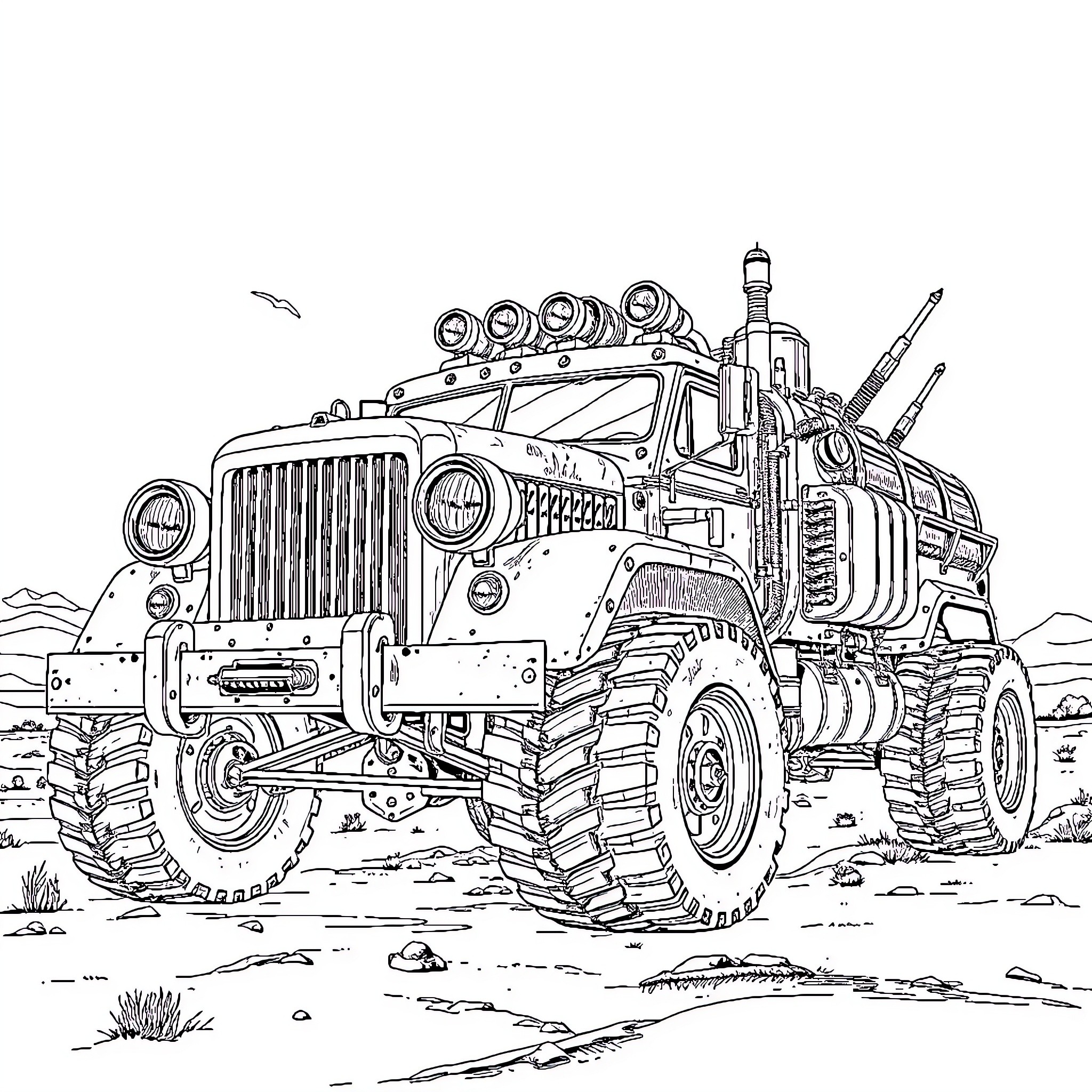Humungus Off-Road Truck Navigating Rugged Terrain Coloring Page (free black-and-white line drawing printable PDF for all, from beginners to advanced learners, including children, teens, adults, and seniors)