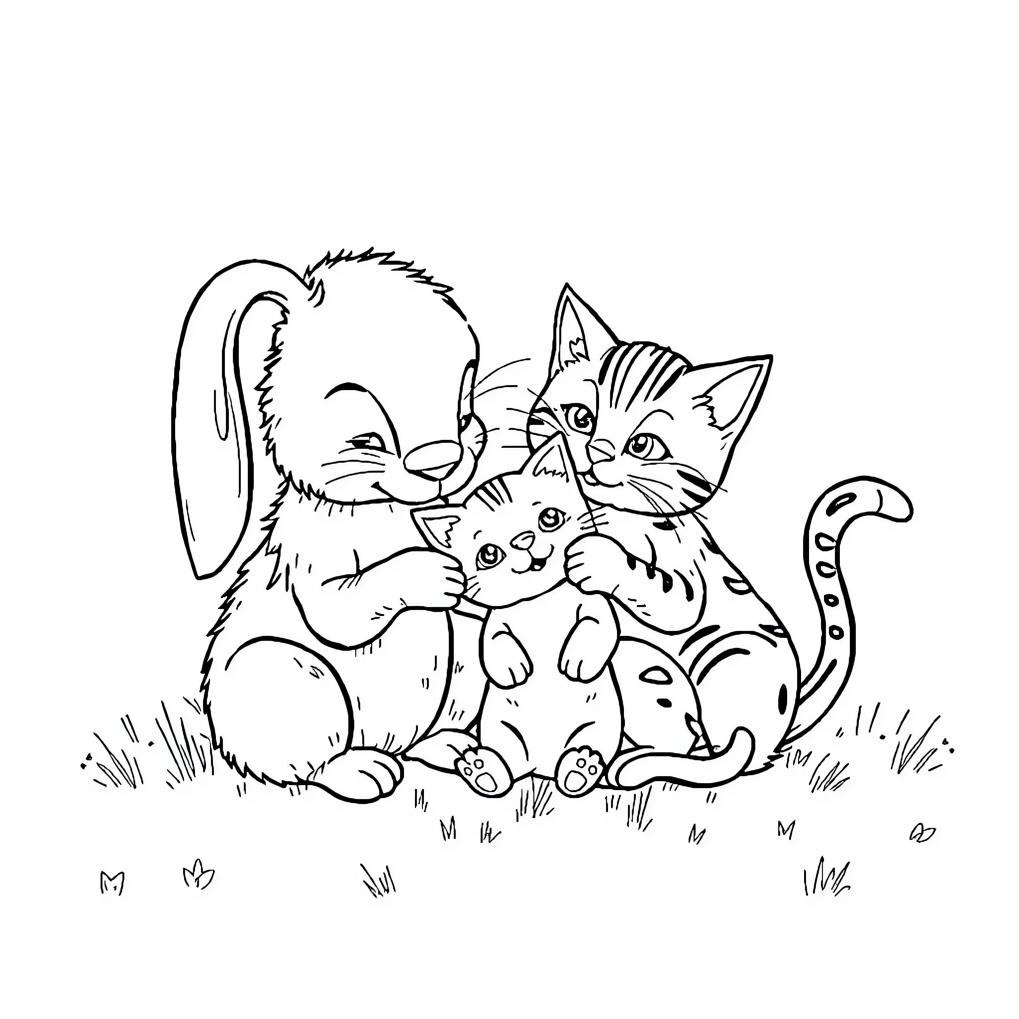 Hase and Kittens Playing Together in Meadow Coloring Page (free black-and-white line drawing printable PDF for all, from beginners to advanced learners, including children, teens, adults, and seniors)