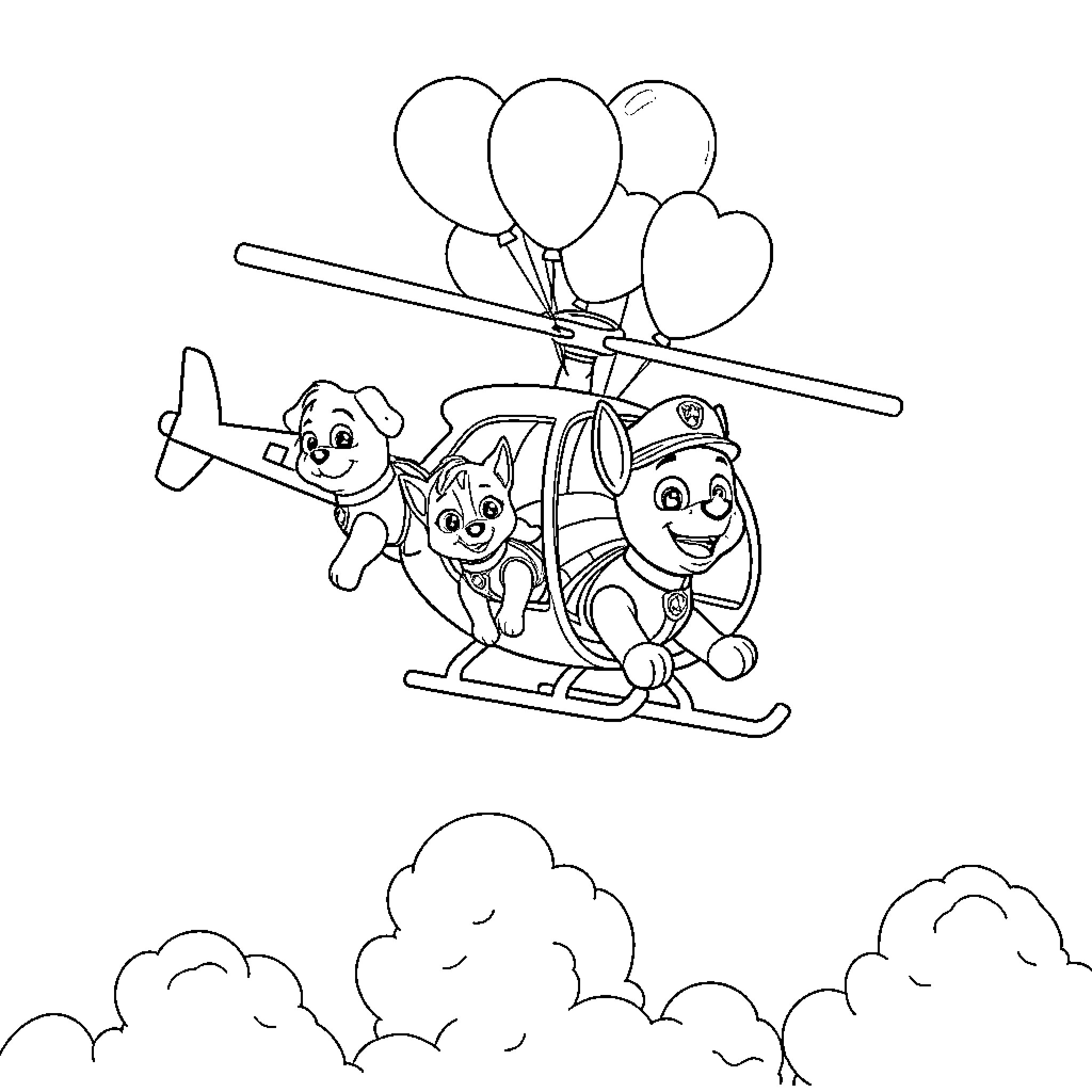 Paw Patrol characters on a flight adventure Coloring Page (free black-and-white line drawing printable PDF for all, from beginners to advanced learners, including children, teens, adults, and seniors)