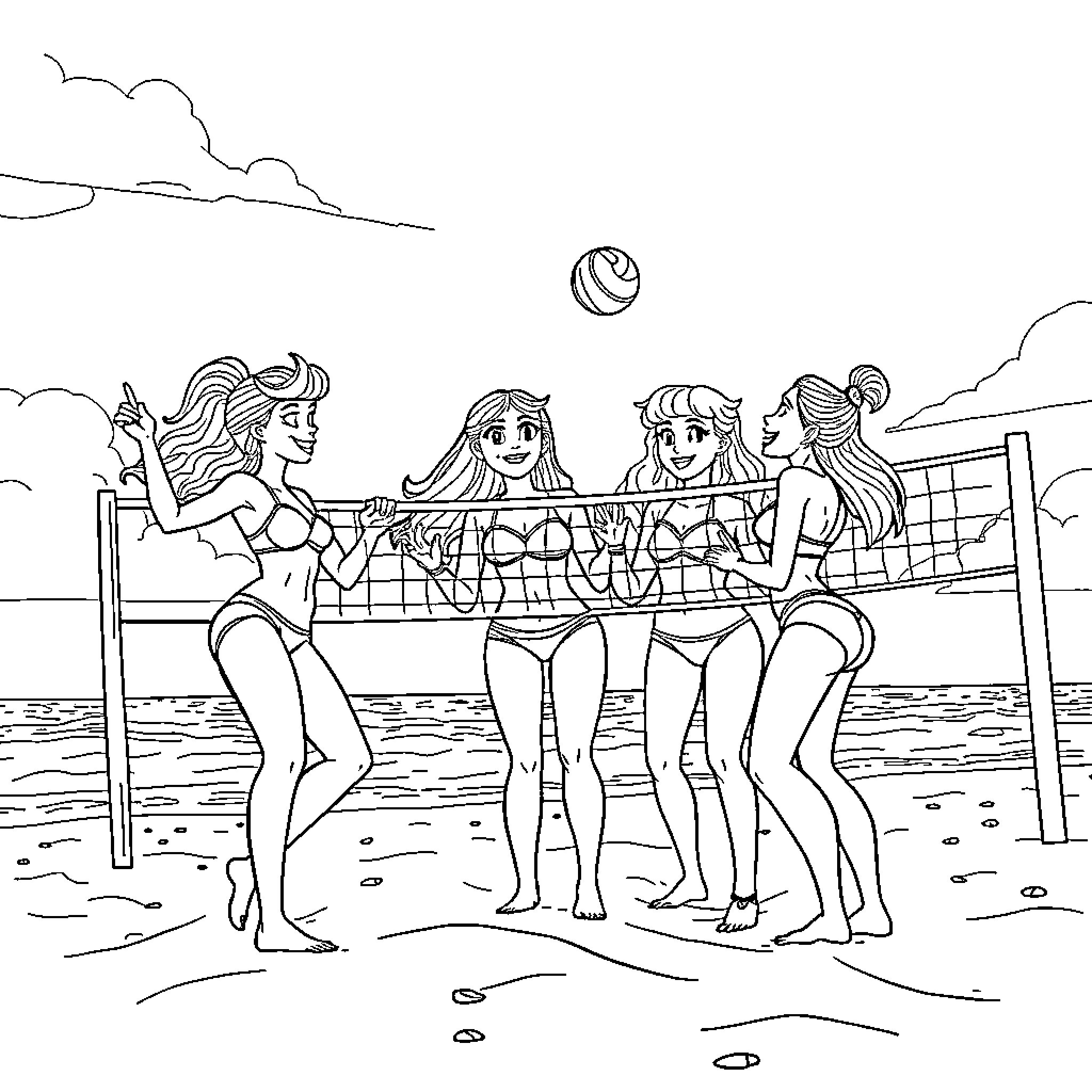 Huntrix girls playing volleyball at the beach Coloring Page (free black-and-white line drawing printable PDF for all, from beginners to advanced learners, including children, teens, adults, and seniors)
