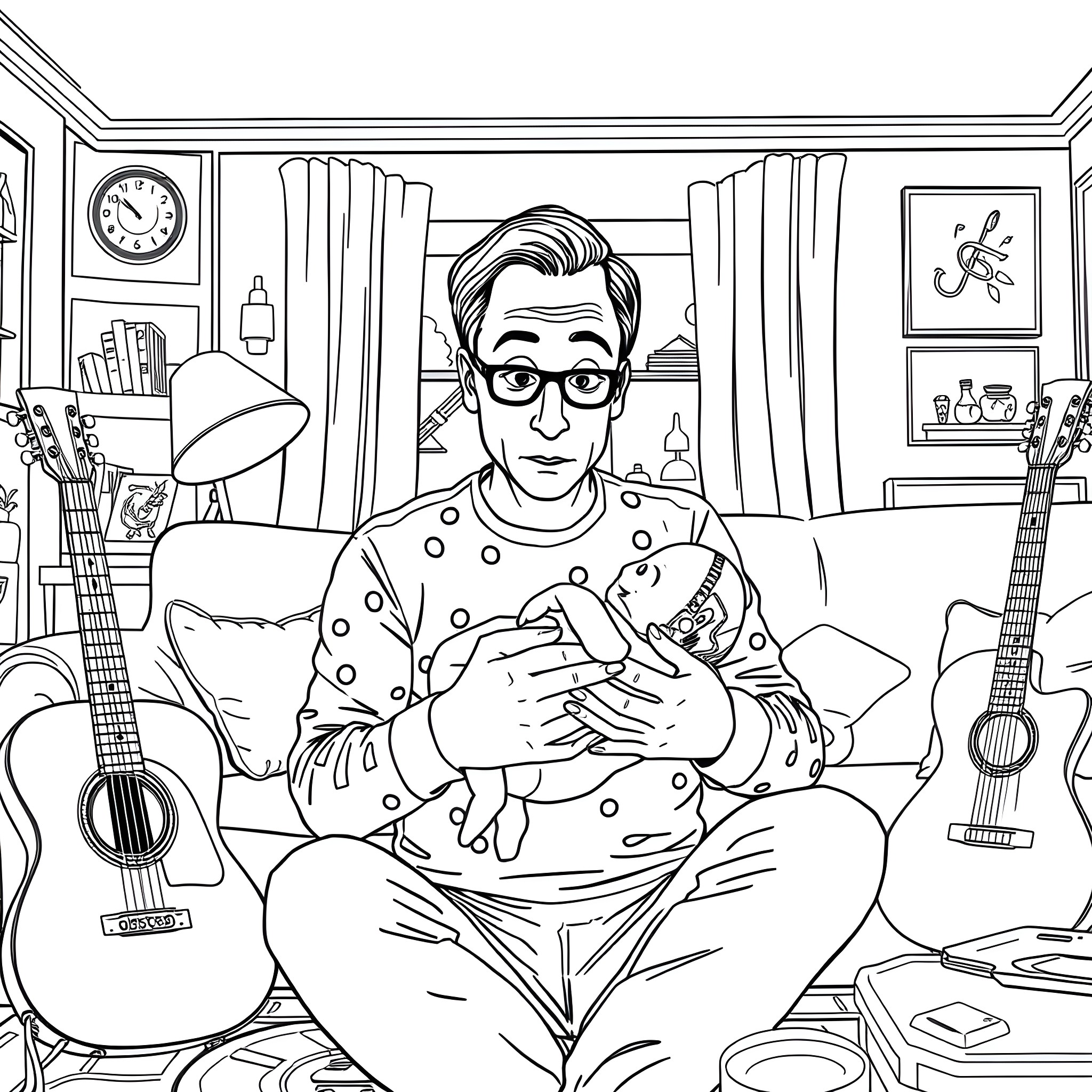 Sheldon Cooper relaxing in his living room with comic books Coloring Page (free black-and-white line drawing printable PDF for all, from beginners to advanced learners, including children, teens, adults, and seniors)