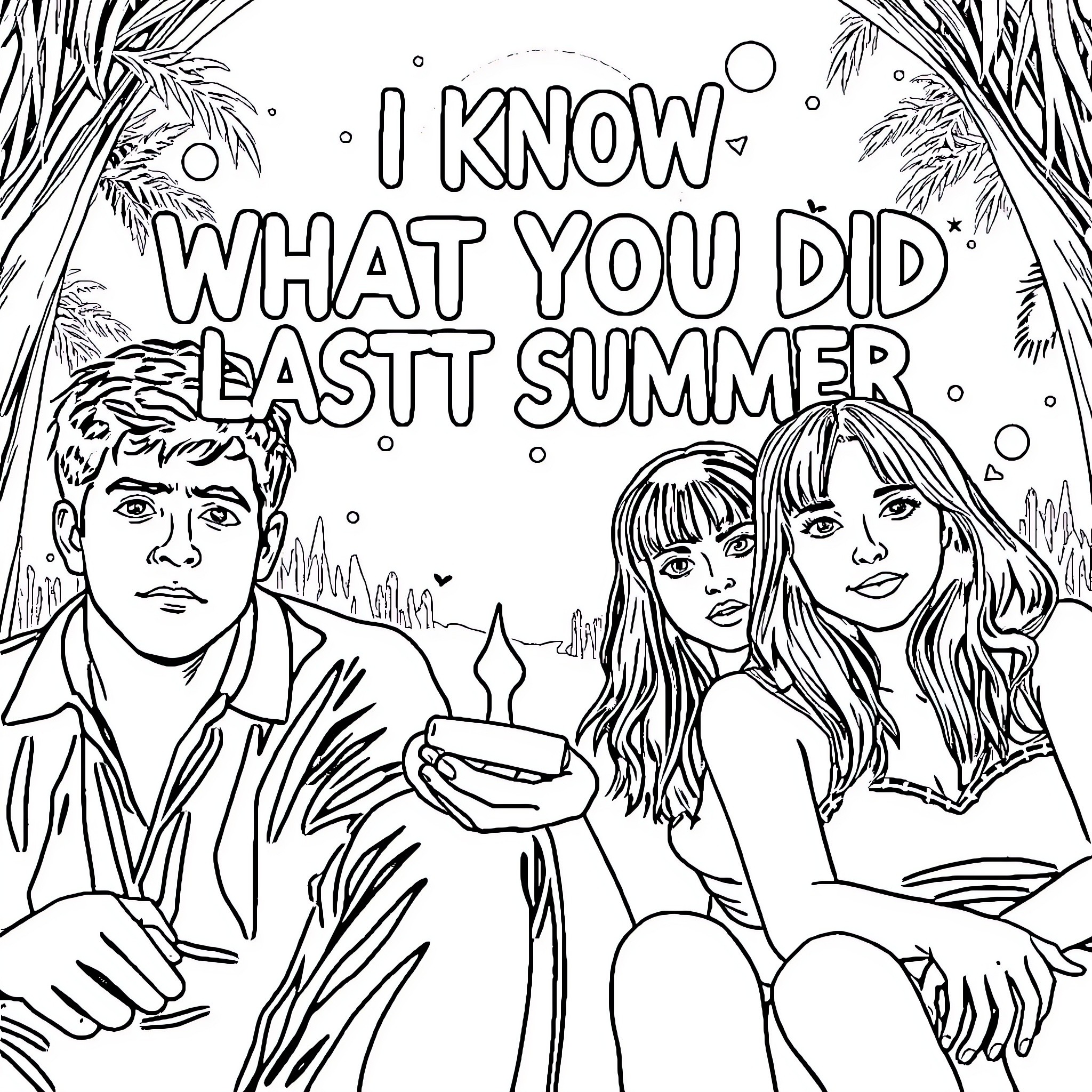 I Know What You Did Last Summer: Mysterious Encounter in the Tropics Coloring Page (free black-and-white line drawing printable PDF for all, from beginners to advanced learners, including children, teens, adults, and seniors)