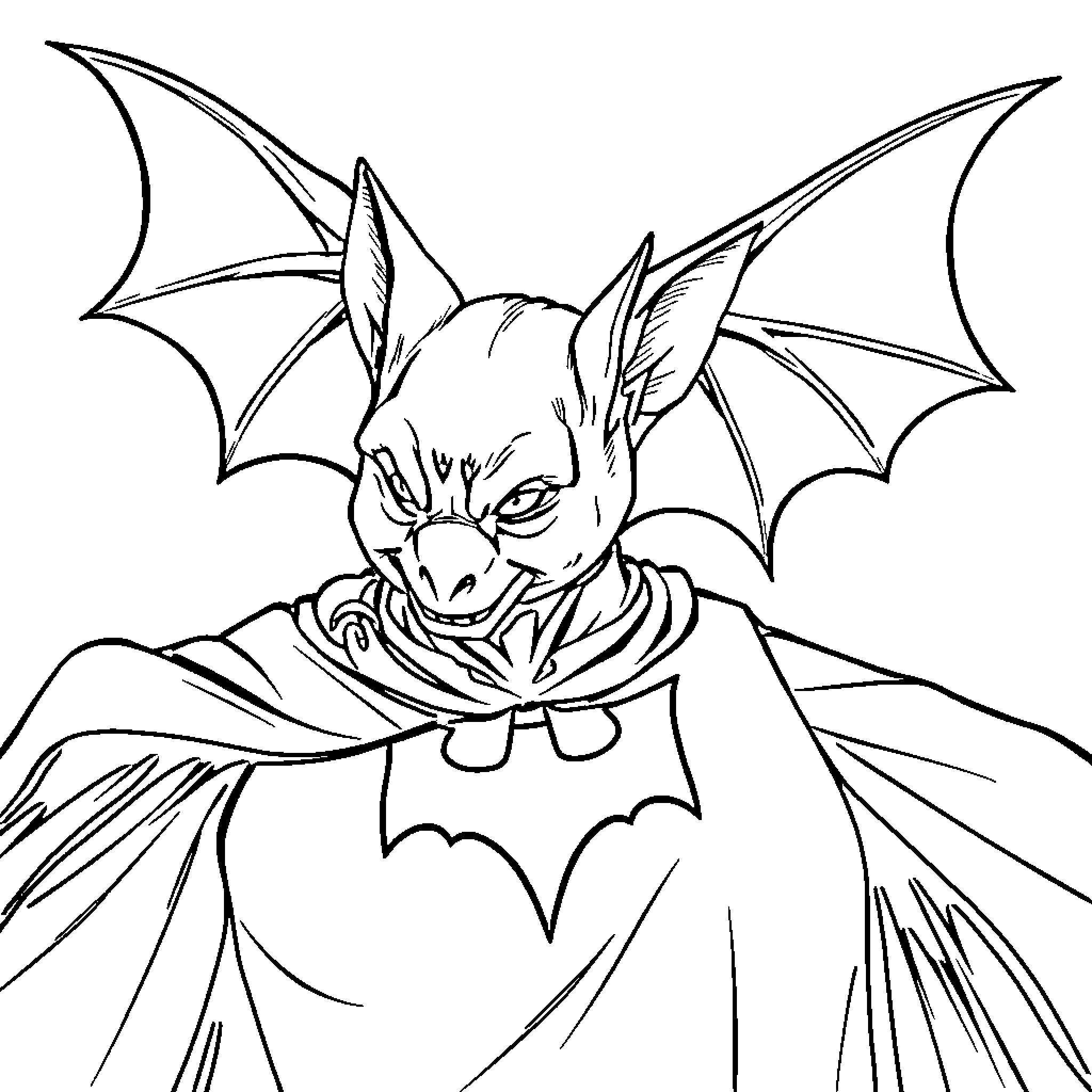 Bat-like creature in a heroic pose Coloring Page (free black-and-white line drawing printable PDF for all, from beginners to advanced learners, including children, teens, adults, and seniors)