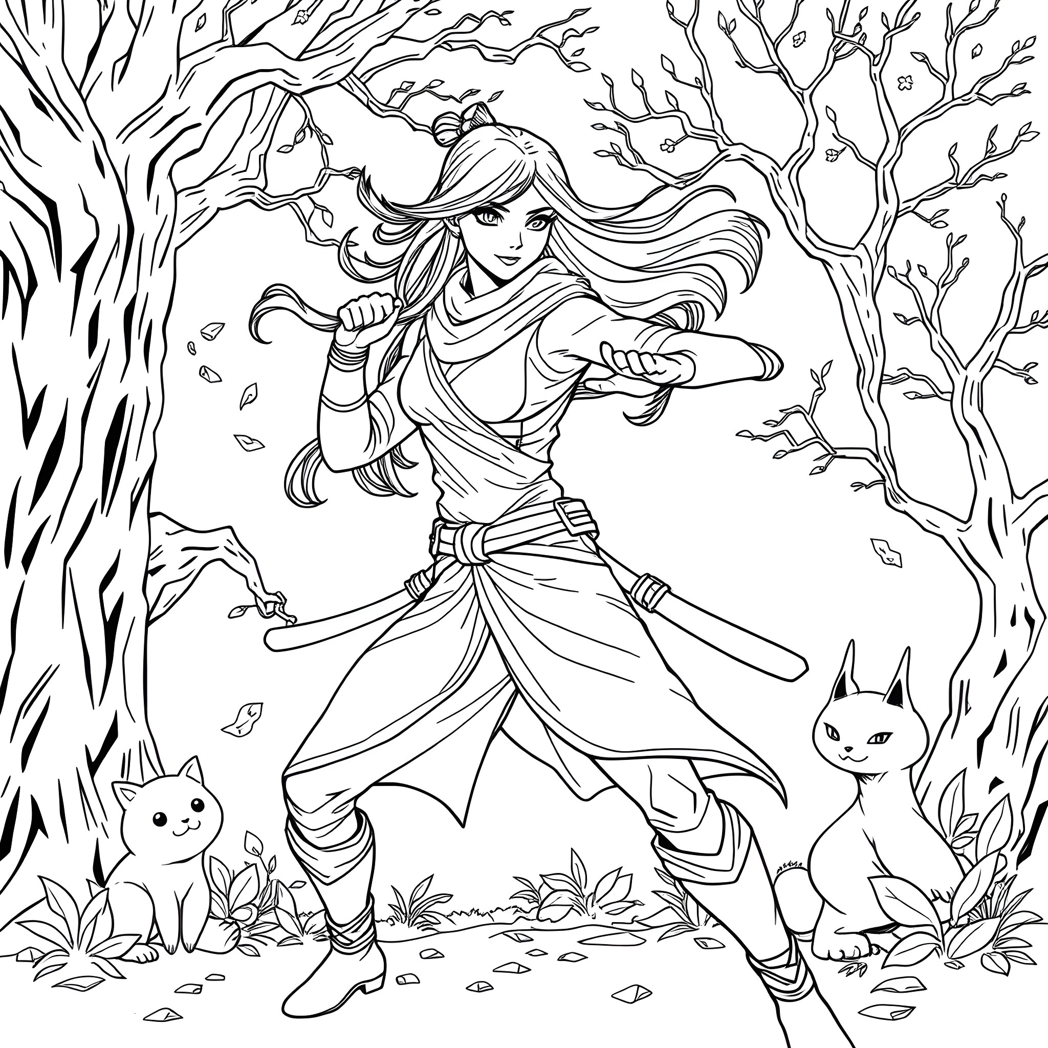 Ninja warrior woman in autumn forest Coloring Page (free black-and-white line drawing printable PDF for all, from beginners to advanced learners, including children, teens, adults, and seniors)
