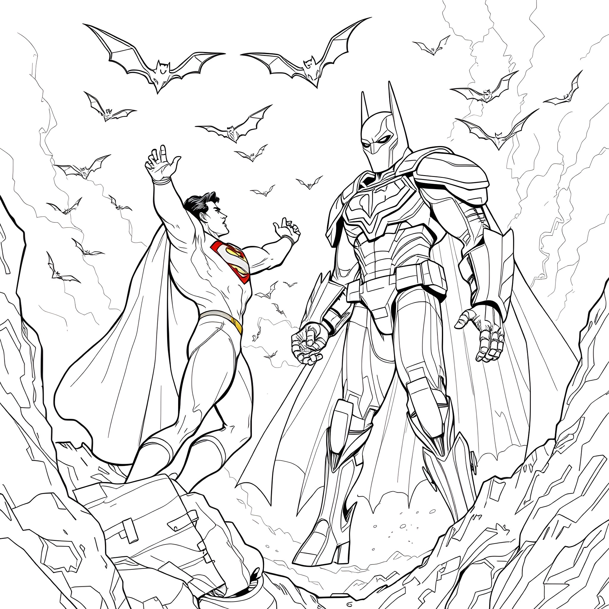 Superman and Batman in an epic battle amid lightning and bats Coloring Page (free black-and-white line drawing printable PDF for all, from beginners to advanced learners, including children, teens, adults, and seniors)