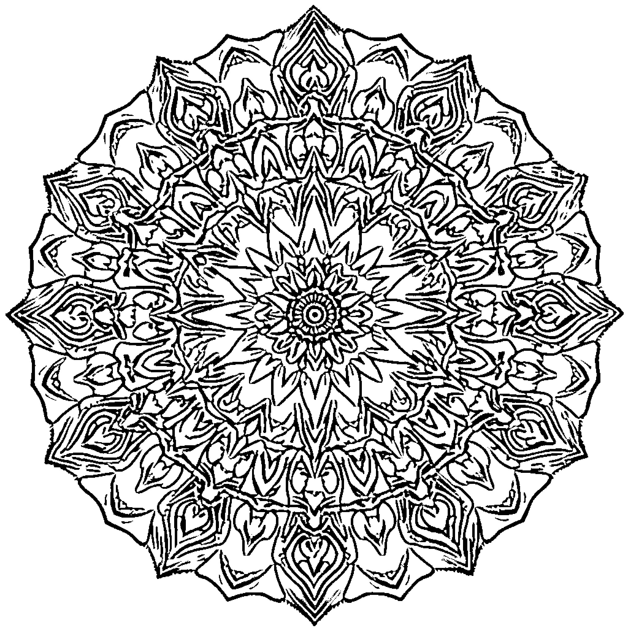 Mandala of intricate symmetrical patterns Coloring Page (free black-and-white line drawing printable PDF for all, from beginners to advanced learners, including children, teens, adults, and seniors)