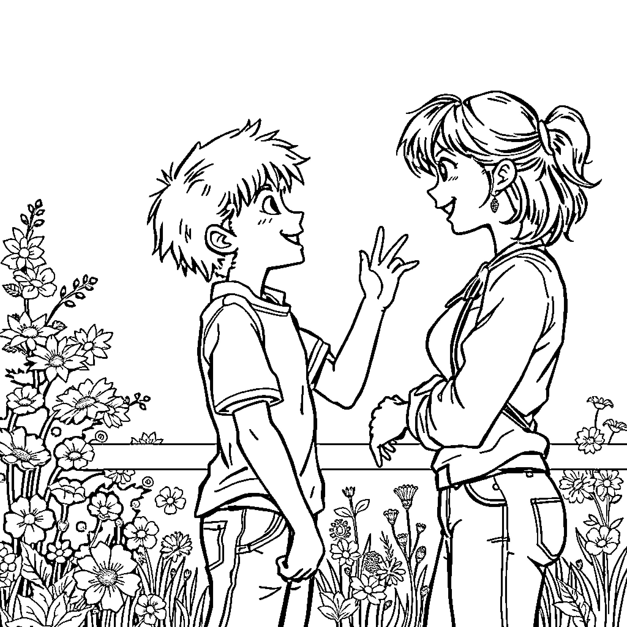 Boy and Girl Exploring Floral Garden Coloring Page (free black-and-white line drawing printable PDF for all, from beginners to advanced learners, including children, teens, adults, and seniors)