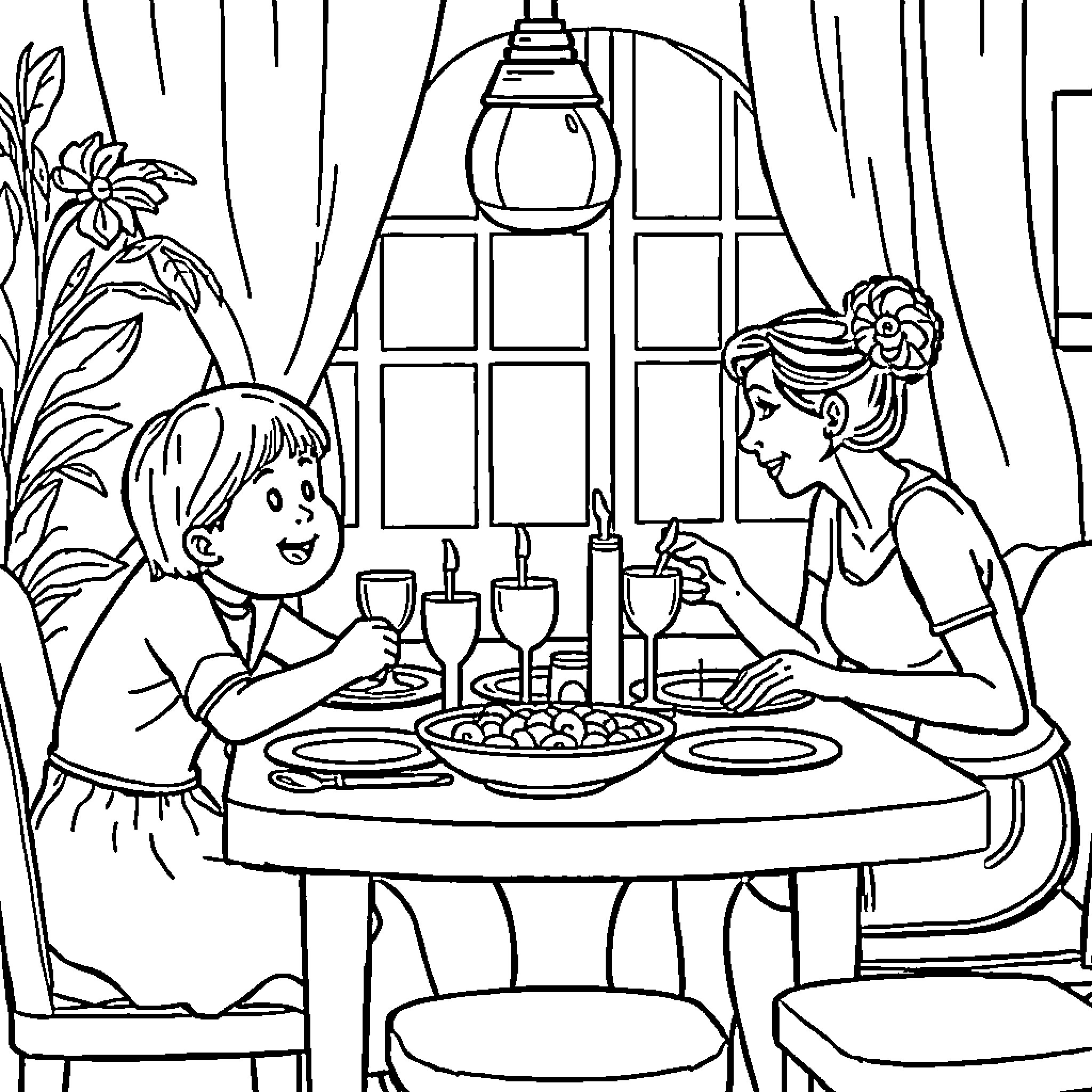 Family Enjoying a Cozy Meal Together Coloring Page (free black-and-white line drawing printable PDF for all, from beginners to advanced learners, including children, teens, adults, and seniors)