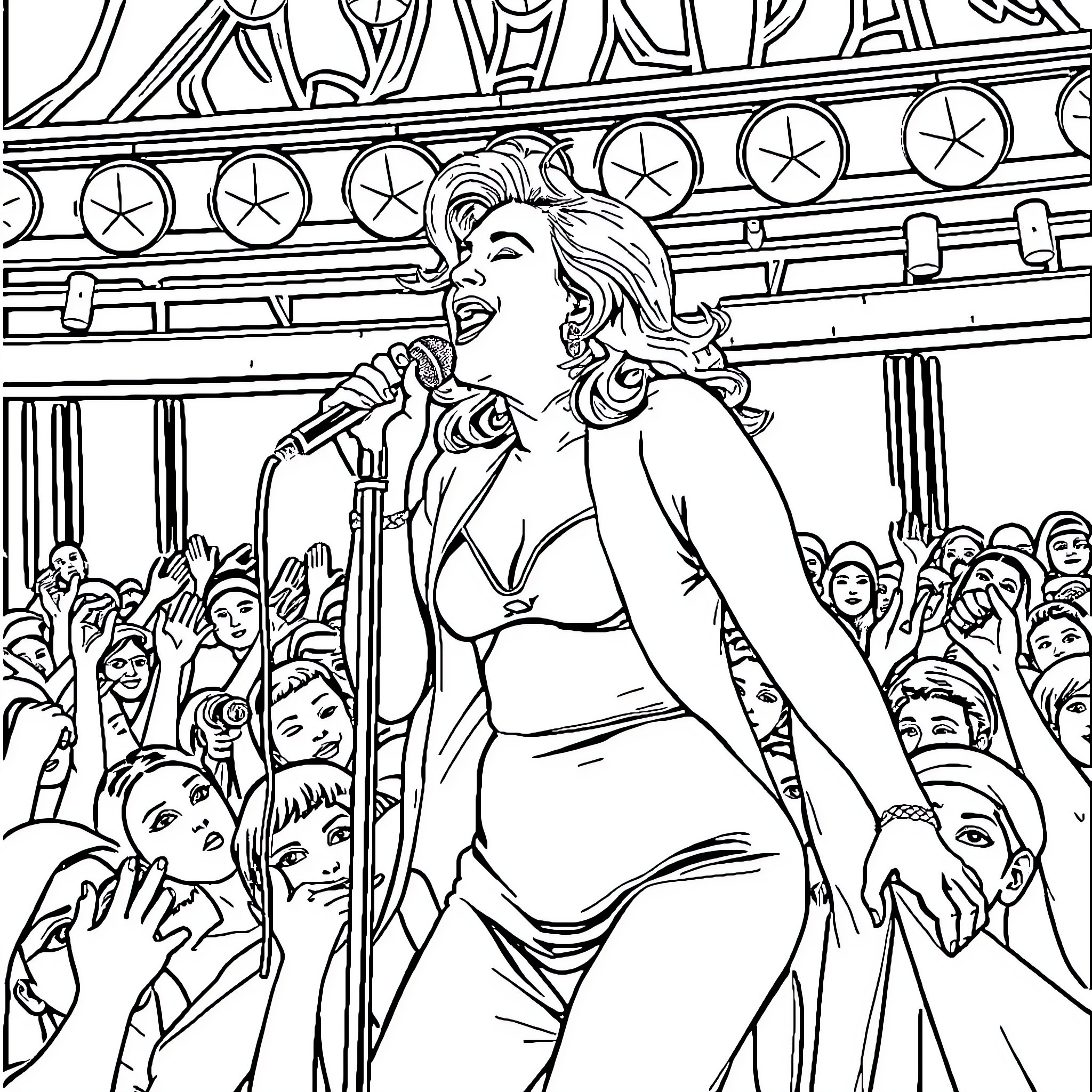Madonna Performing Powerfully on Stage Coloring Page (free black-and-white line drawing printable PDF for all, from beginners to advanced learners, including children, teens, adults, and seniors)