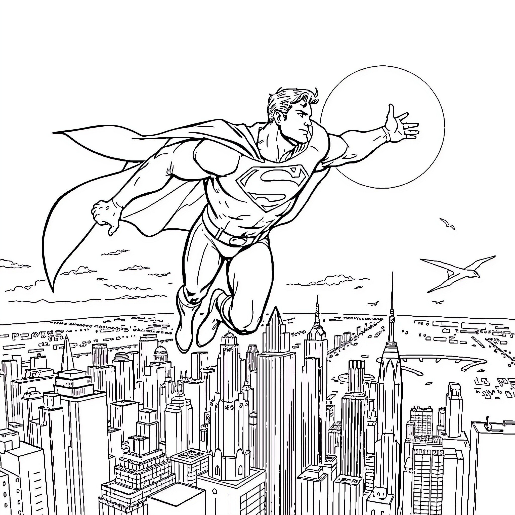 Superman soaring above the city skyline Coloring Page (free black-and-white line drawing printable PDF for all, from beginners to advanced learners, including children, teens, adults, and seniors)