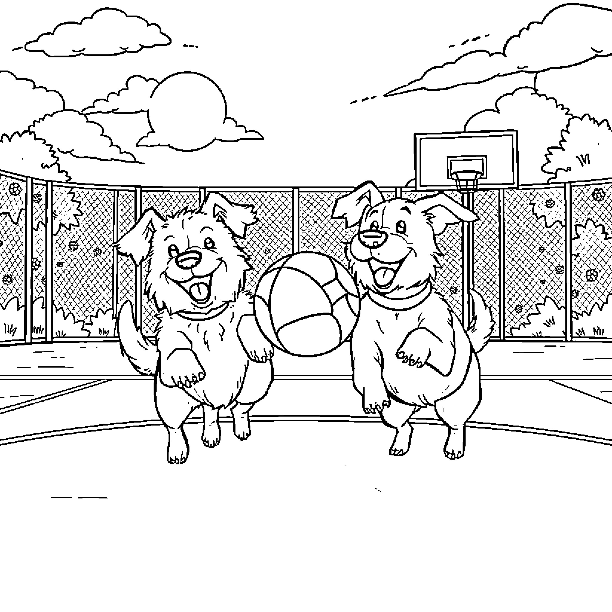Dogs playing joyfully with a ball in the park Coloring Page (free black-and-white line drawing printable PDF for all, from beginners to advanced learners, including children, teens, adults, and seniors)