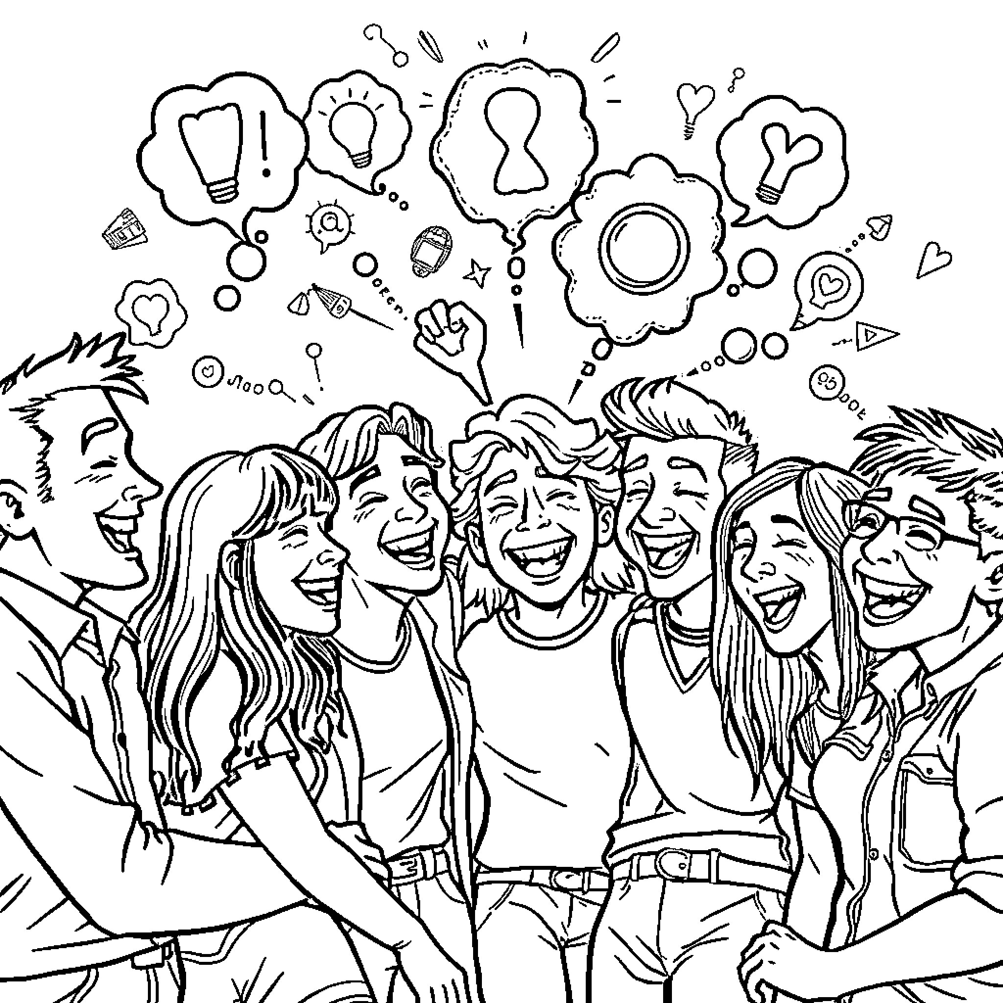 Brainrot: Joyous group of friends laughing and dreaming Coloring Page (free black-and-white line drawing printable PDF for all, from beginners to advanced learners, including children, teens, adults, and seniors)