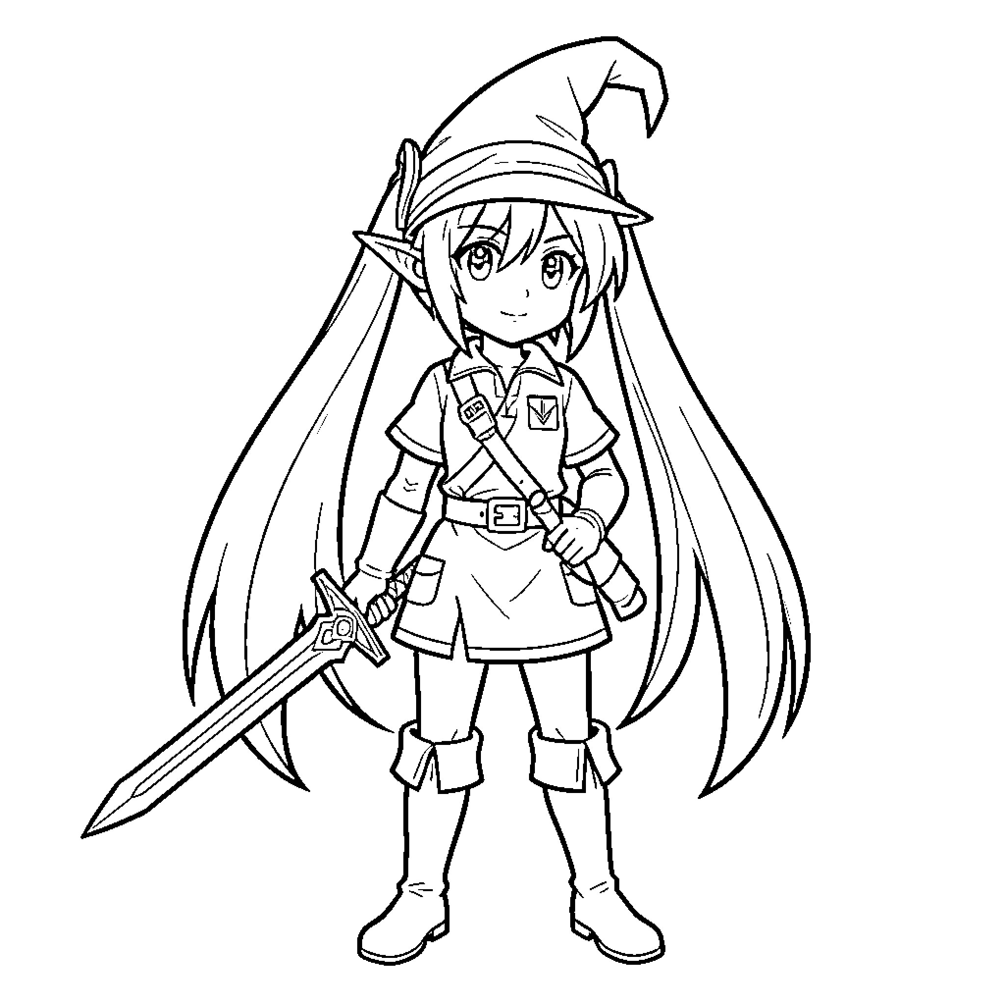 Hatsune Miku as a Fantasy Adventurer Coloring Page (free black-and-white line drawing printable PDF for all, from beginners to advanced learners, including children, teens, adults, and seniors)