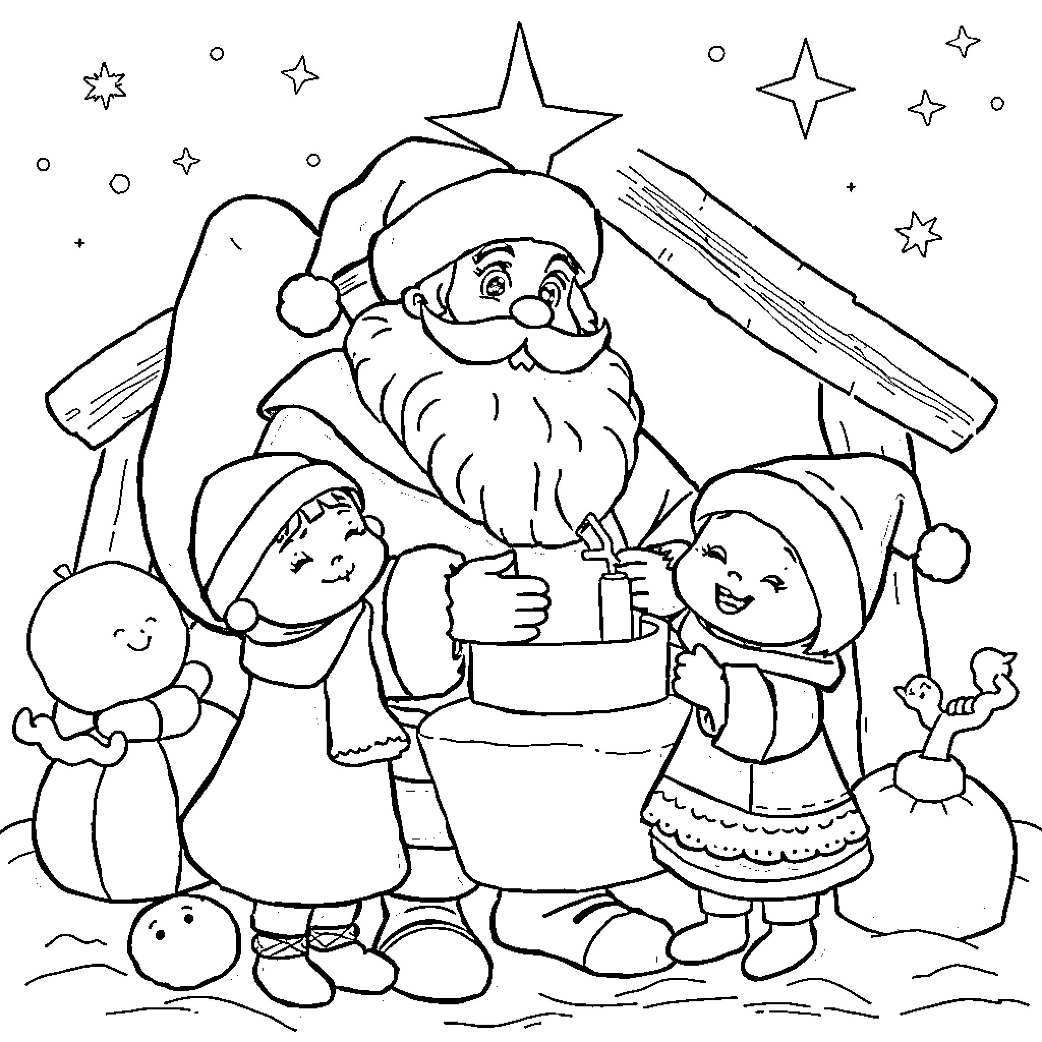 Santa Cena: Family Gathers Around Christmas Tree Coloring Page (free black-and-white line drawing printable PDF for all, from beginners to advanced learners, including children, teens, adults, and seniors)