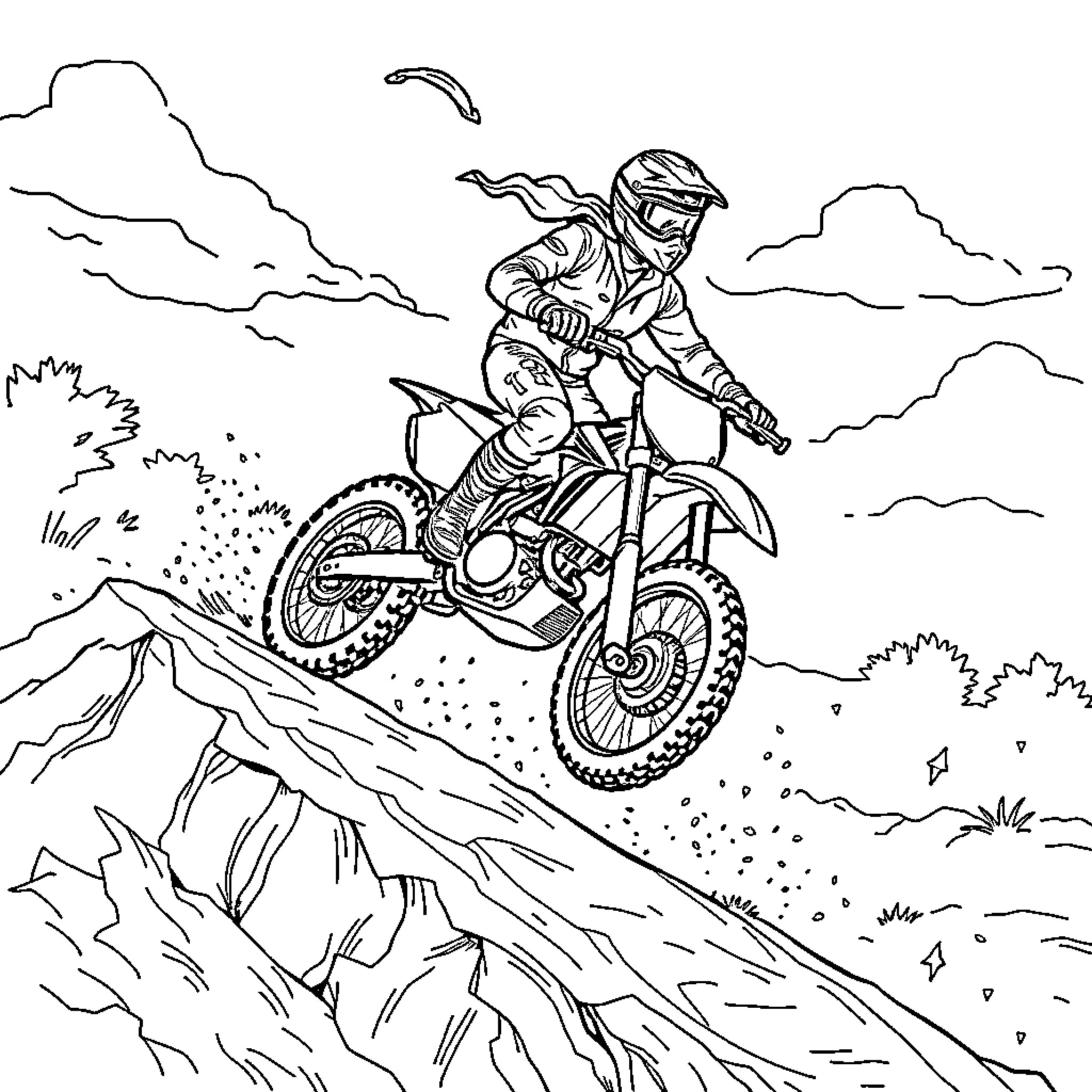 Persona of an extreme dirt bike rider in a rugged landscape Coloring Page (free black-and-white line drawing printable PDF for all, from beginners to advanced learners, including children, teens, adults, and seniors)