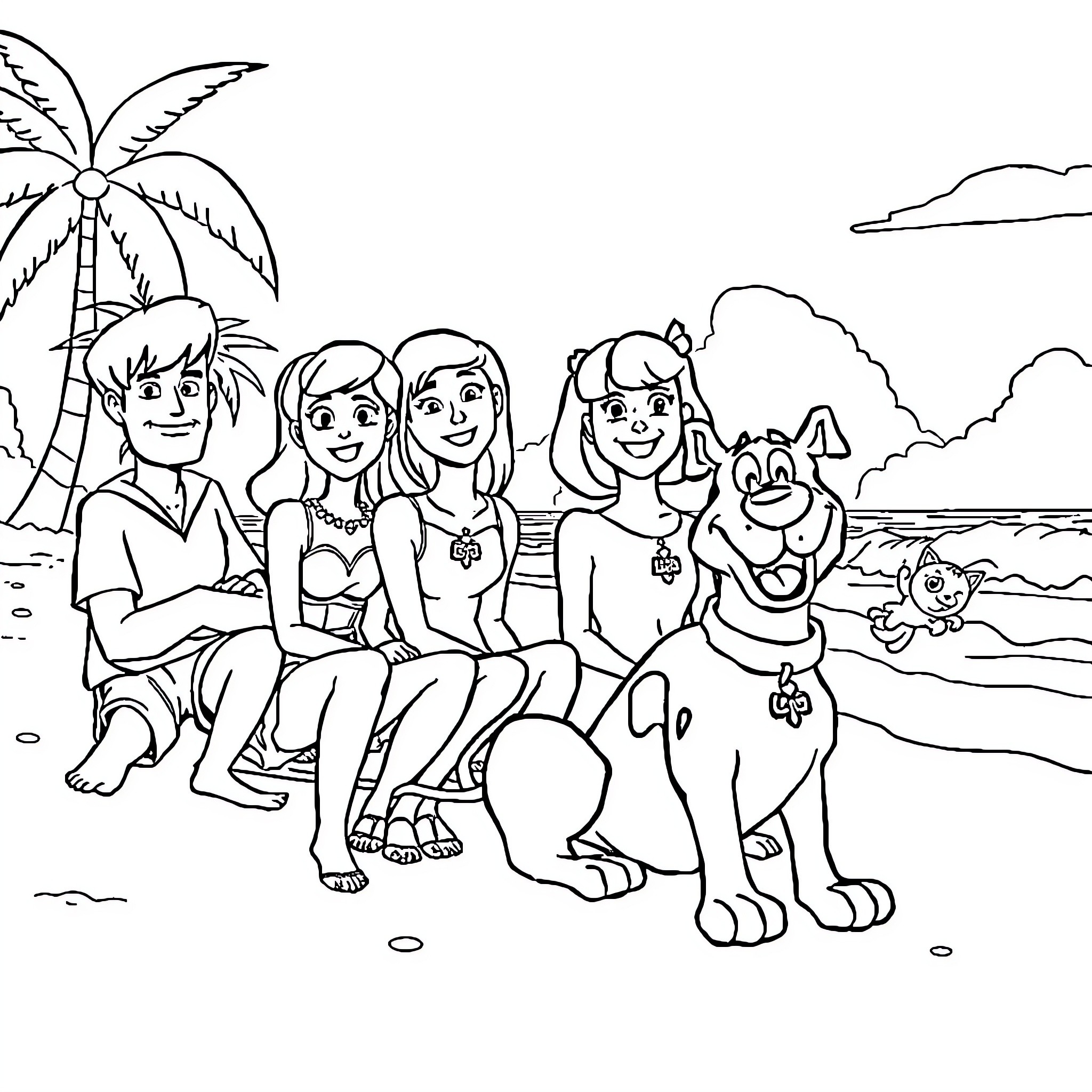 Scooby Doo and the Gang Relaxing on the Beach Coloring Page (free black-and-white line drawing printable PDF for all, from beginners to advanced learners, including children, teens, adults, and seniors)