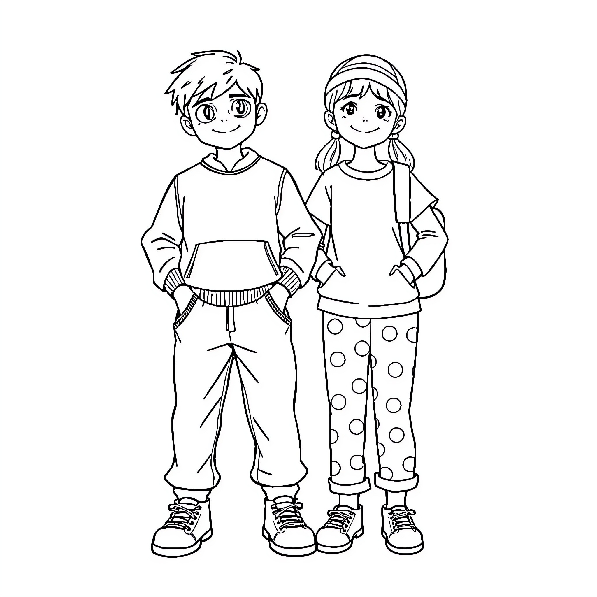 Clothing of cheerful young people Coloring Page (free black-and-white line drawing printable PDF for all, from beginners to advanced learners, including children, teens, adults, and seniors)