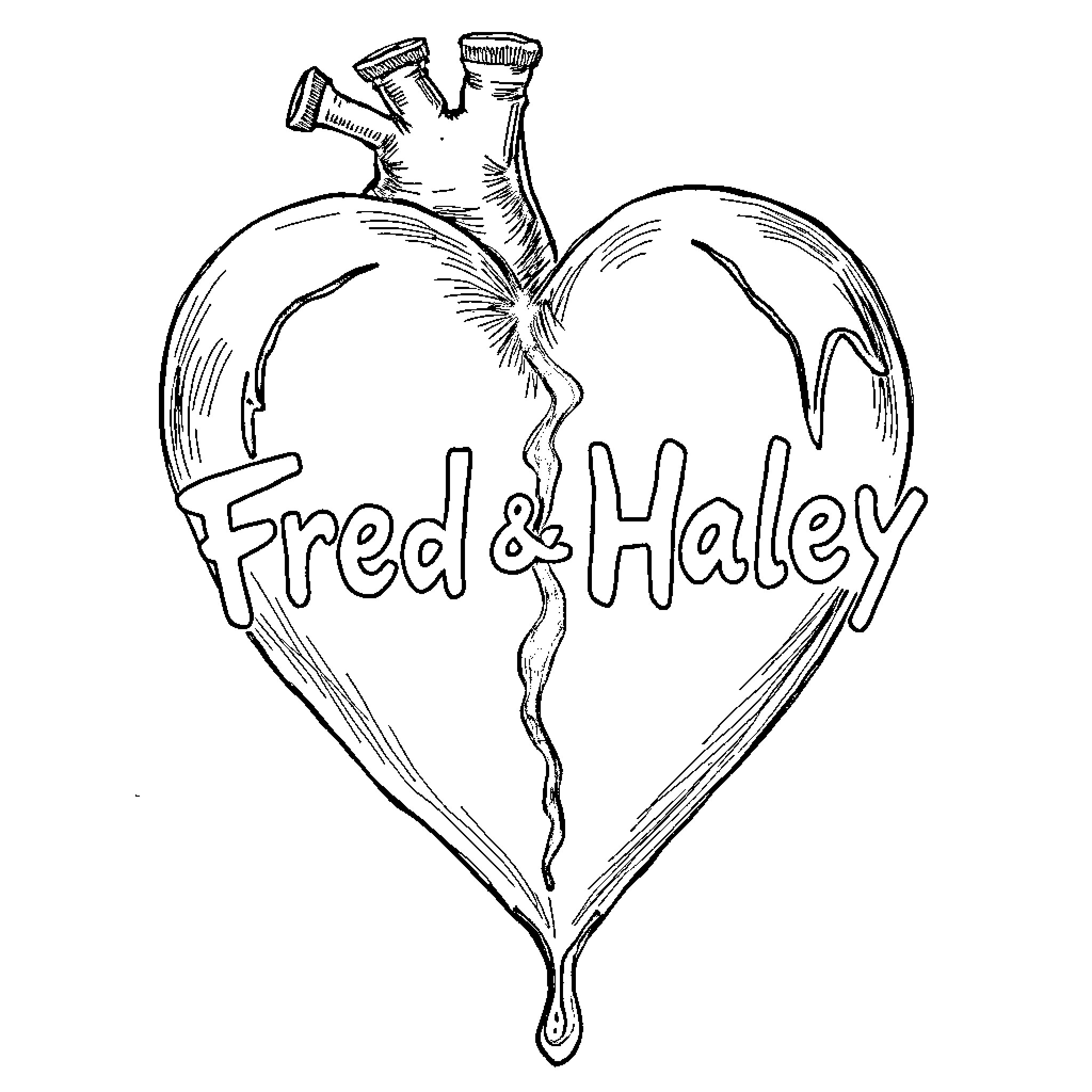Heart Shared by Fred & Haley Coloring Page (free black-and-white line drawing printable PDF for all, from beginners to advanced learners, including children, teens, adults, and seniors)