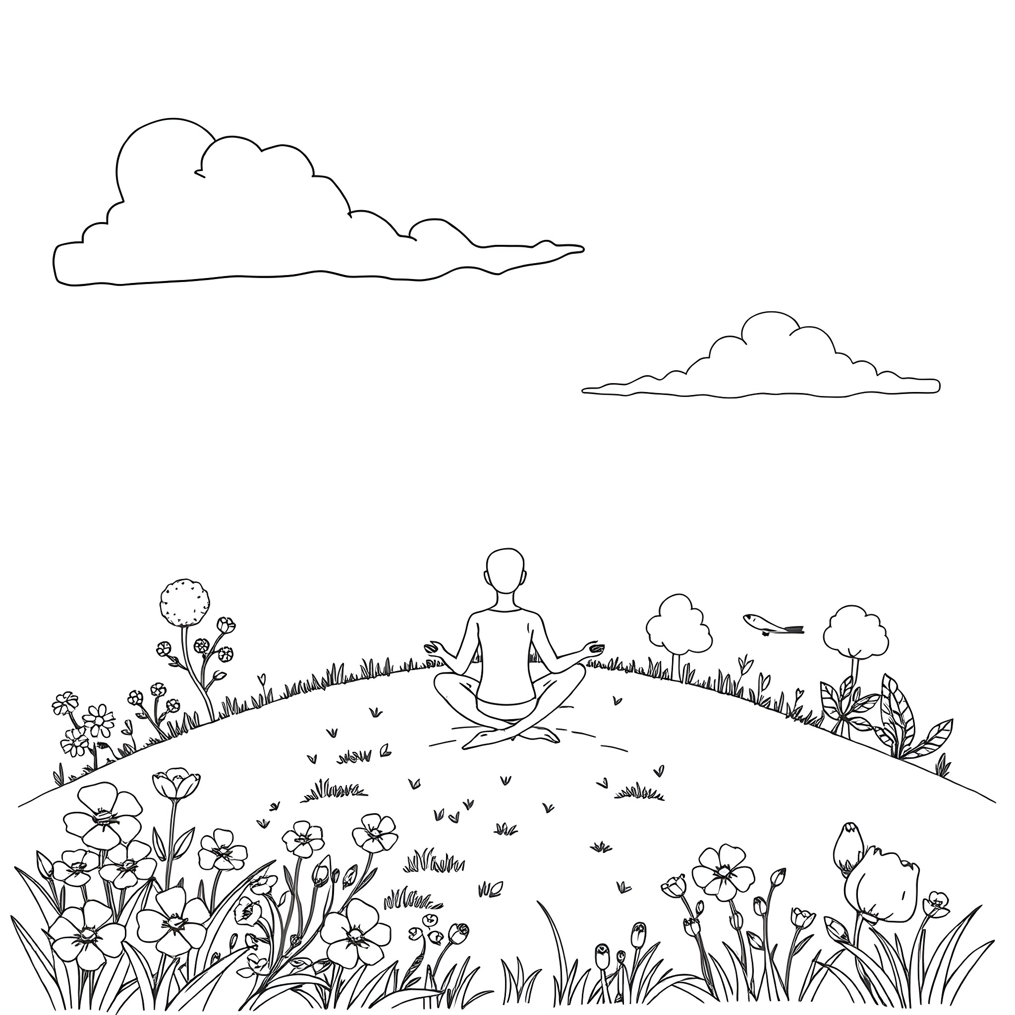 Mental Health: Person Meditating in Nature Surrounded by Flowers Coloring Page (free black-and-white line drawing printable PDF for all, from beginners to advanced learners, including children, teens, adults, and seniors)